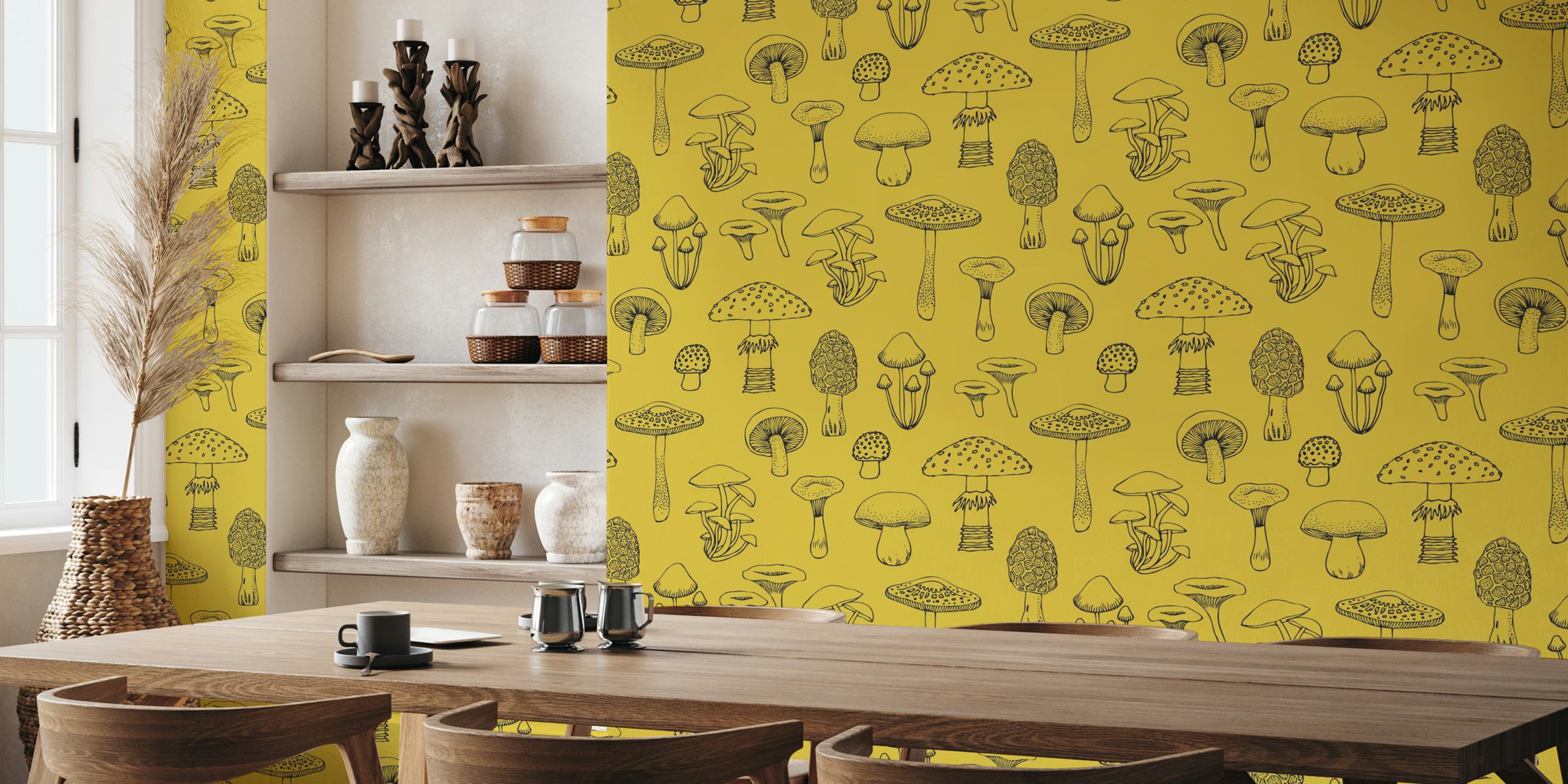 Mushroom pattern on mustard yellow background wallpaper