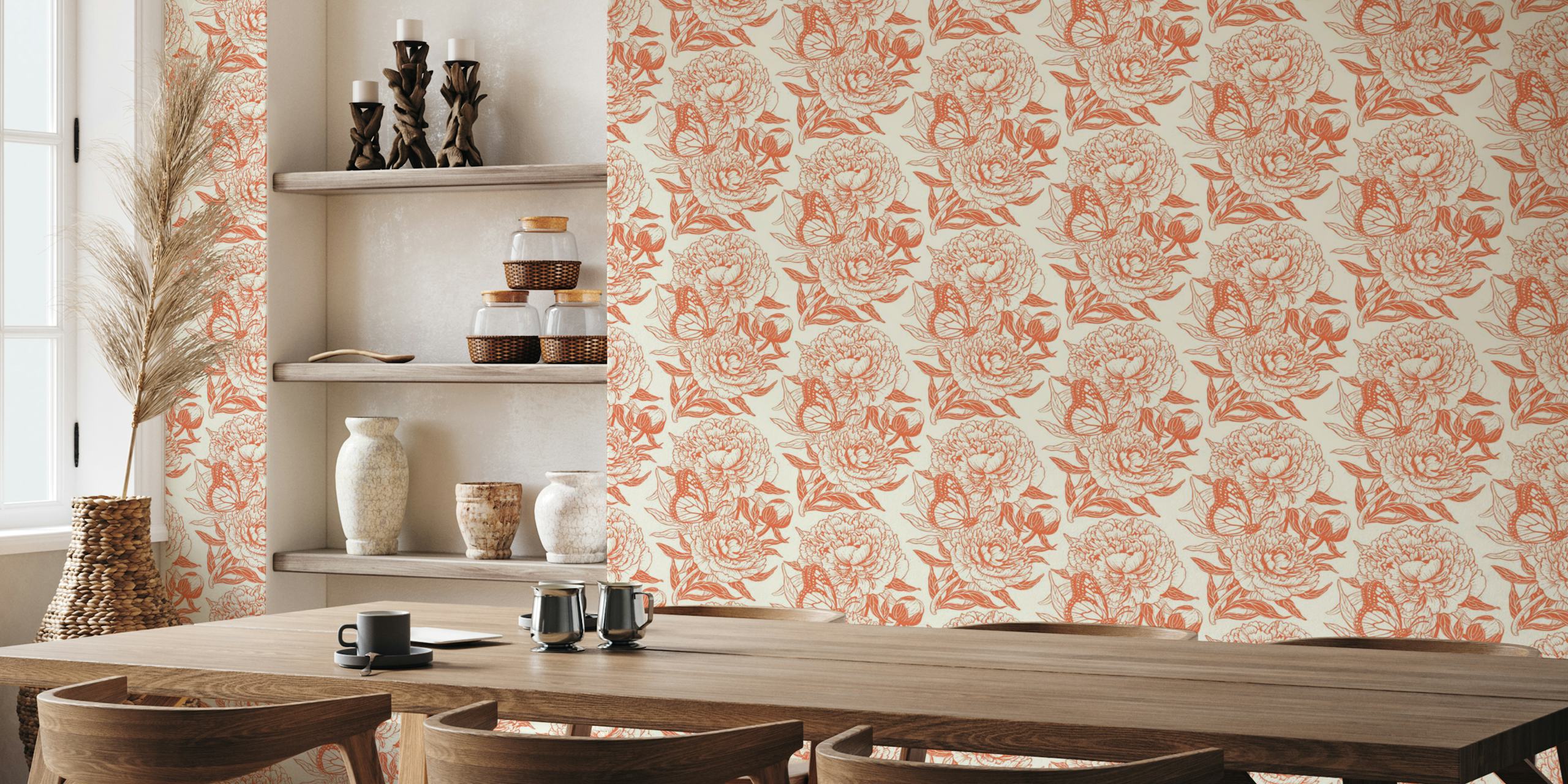 Floral wallpaper featuring peonies and butterflies in coral color on cream background