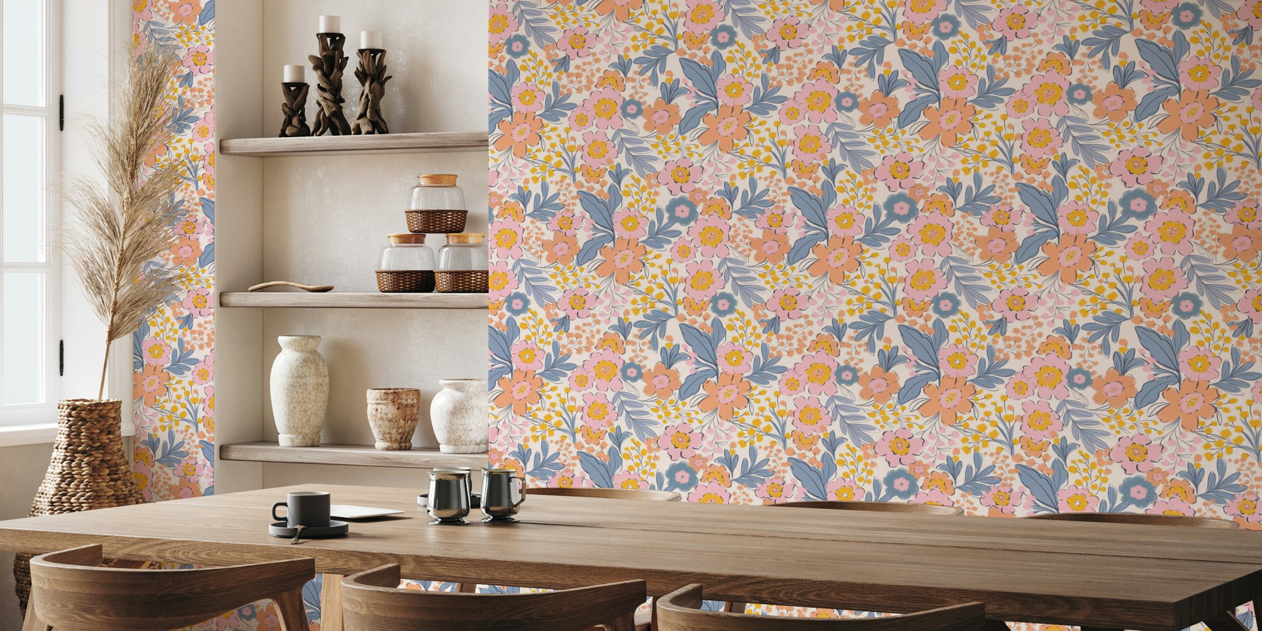 Pink floral motifs with yellow accents and green leaves wallpaper