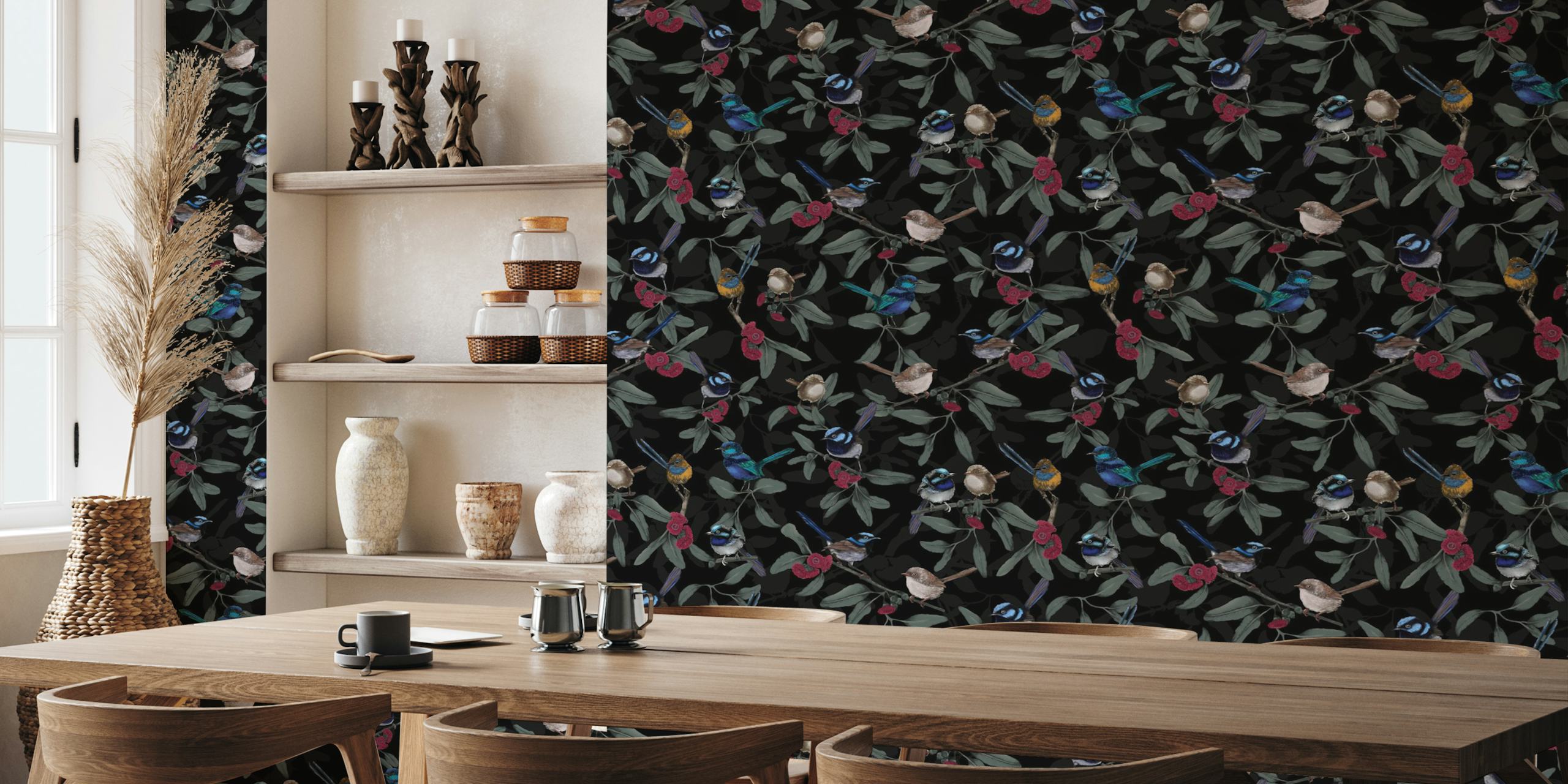 Colorful wrens and leaves on black background wallpaper