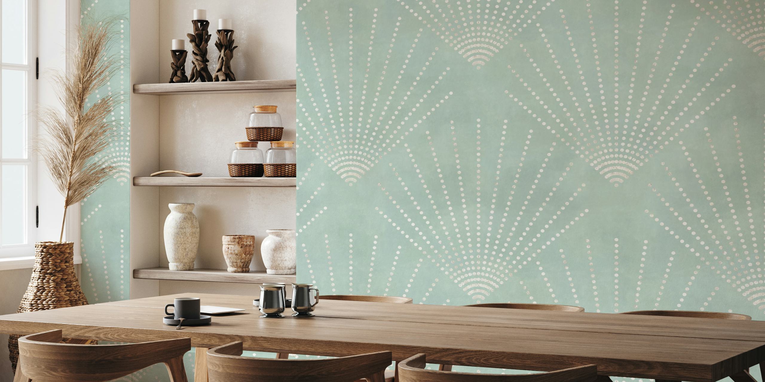 Papier peint Silver Deco Dots on Duck Egg Blue dans une pièce
