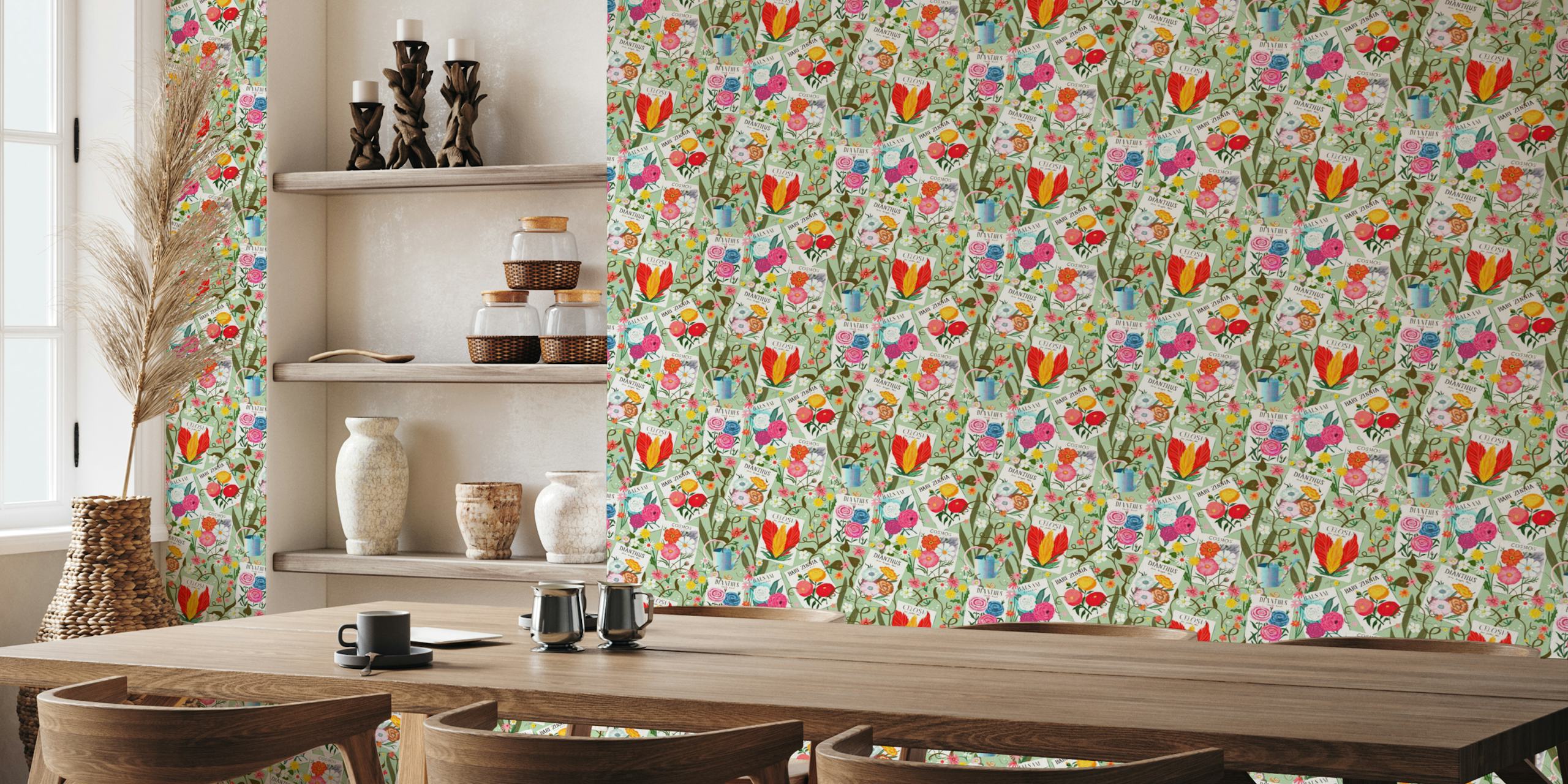 Gardening love seed packets wallpaper in a room