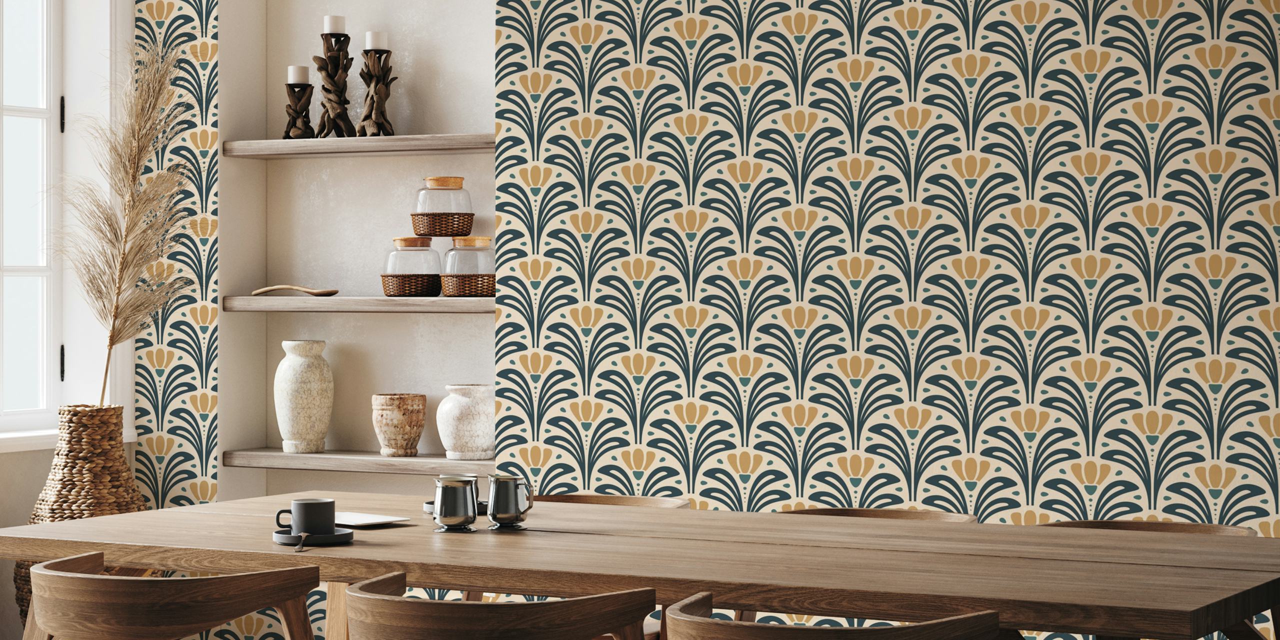 Diseño de papel tapiz Mid-Century Blossoms en la habitación