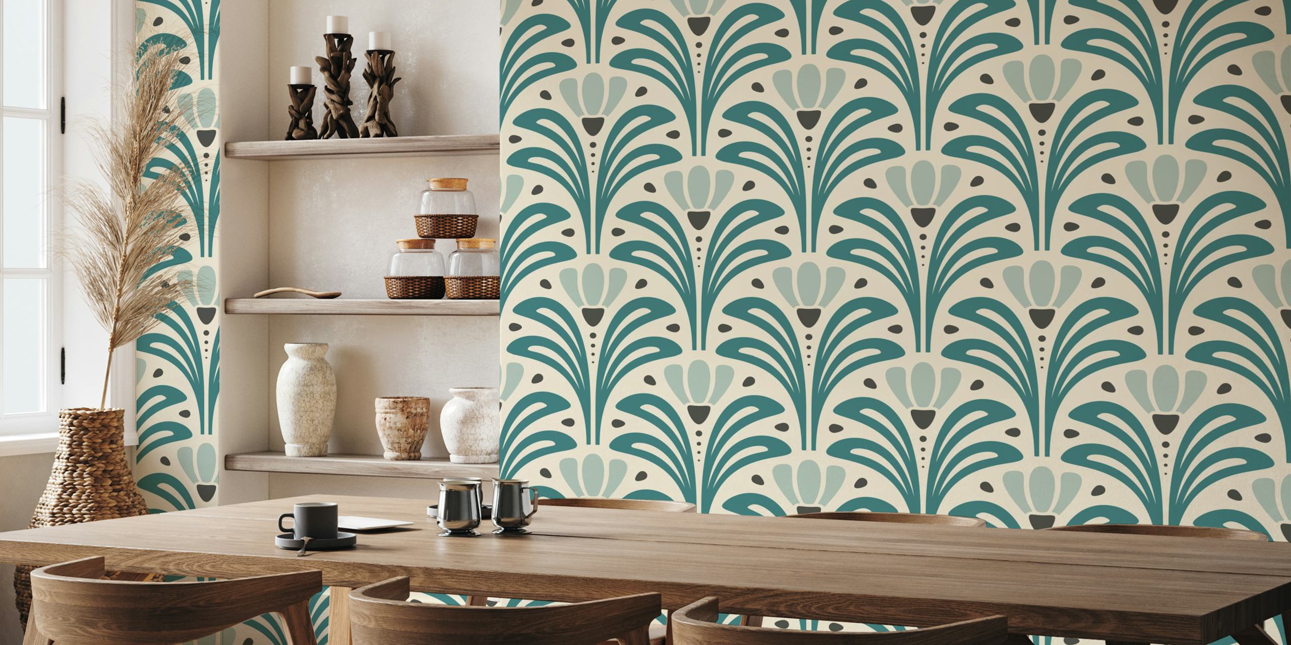 Mid-Century Blossoms in Teal wallpaper in a room