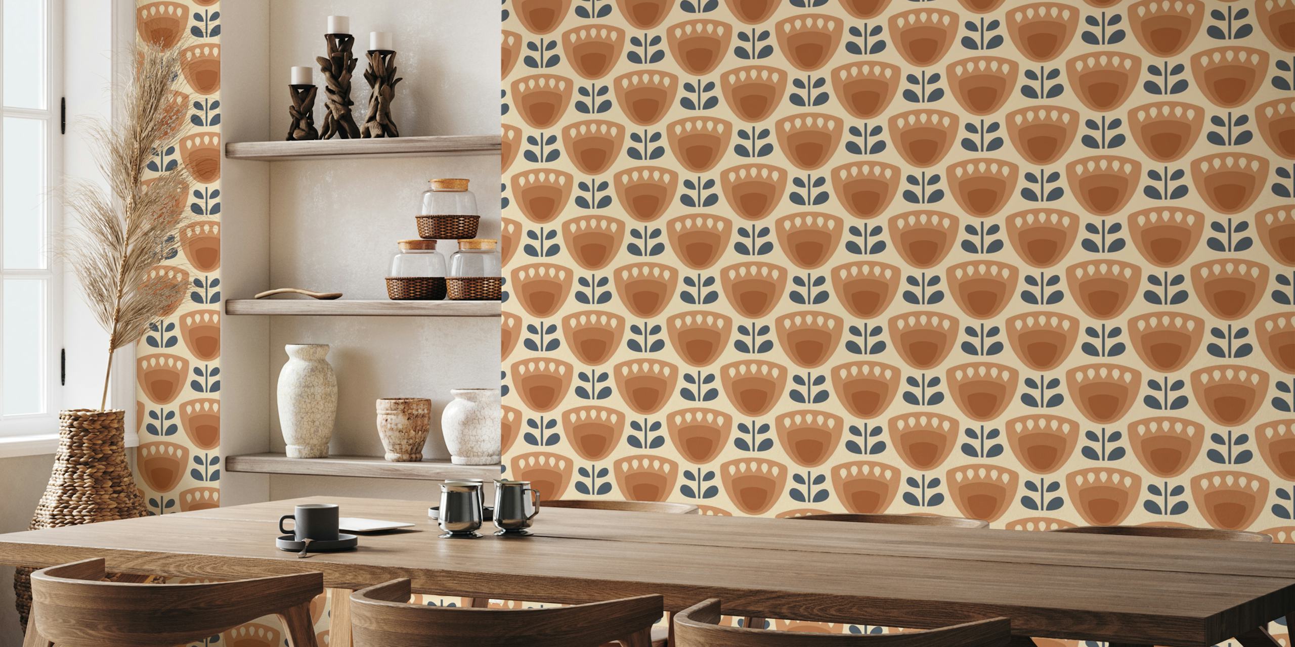 Ταπετσαρία Mid-Century Tulips in Brown σε ένα δωμάτιο
