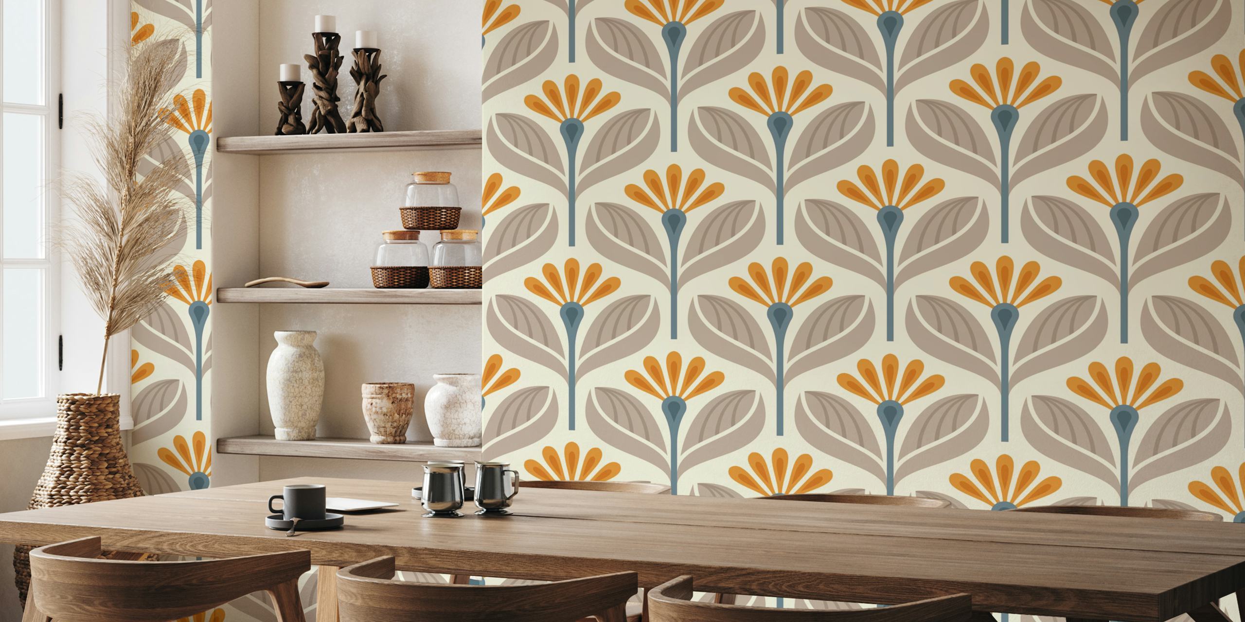 Stylized floral pattern in beige and orange with blue accents wallpaper