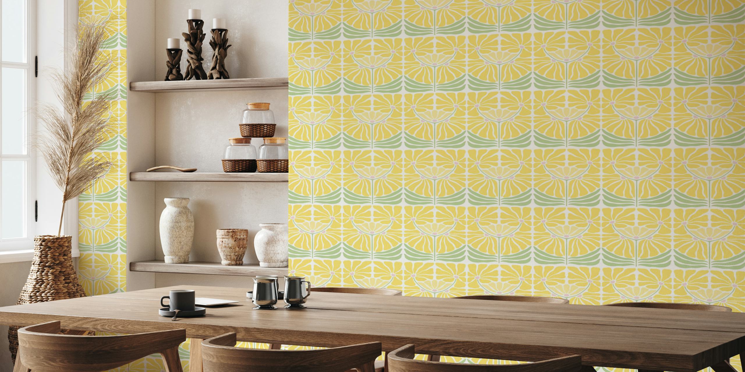 Yellow flowers with green leaves in a repeating pattern wallpaper