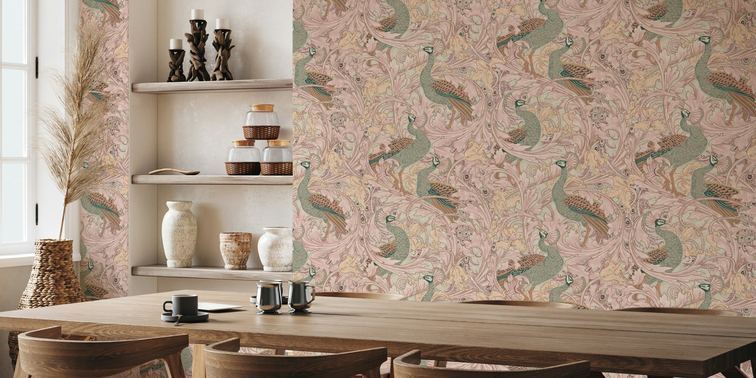 Peacock and floral motifs in pink and sage wallpaper