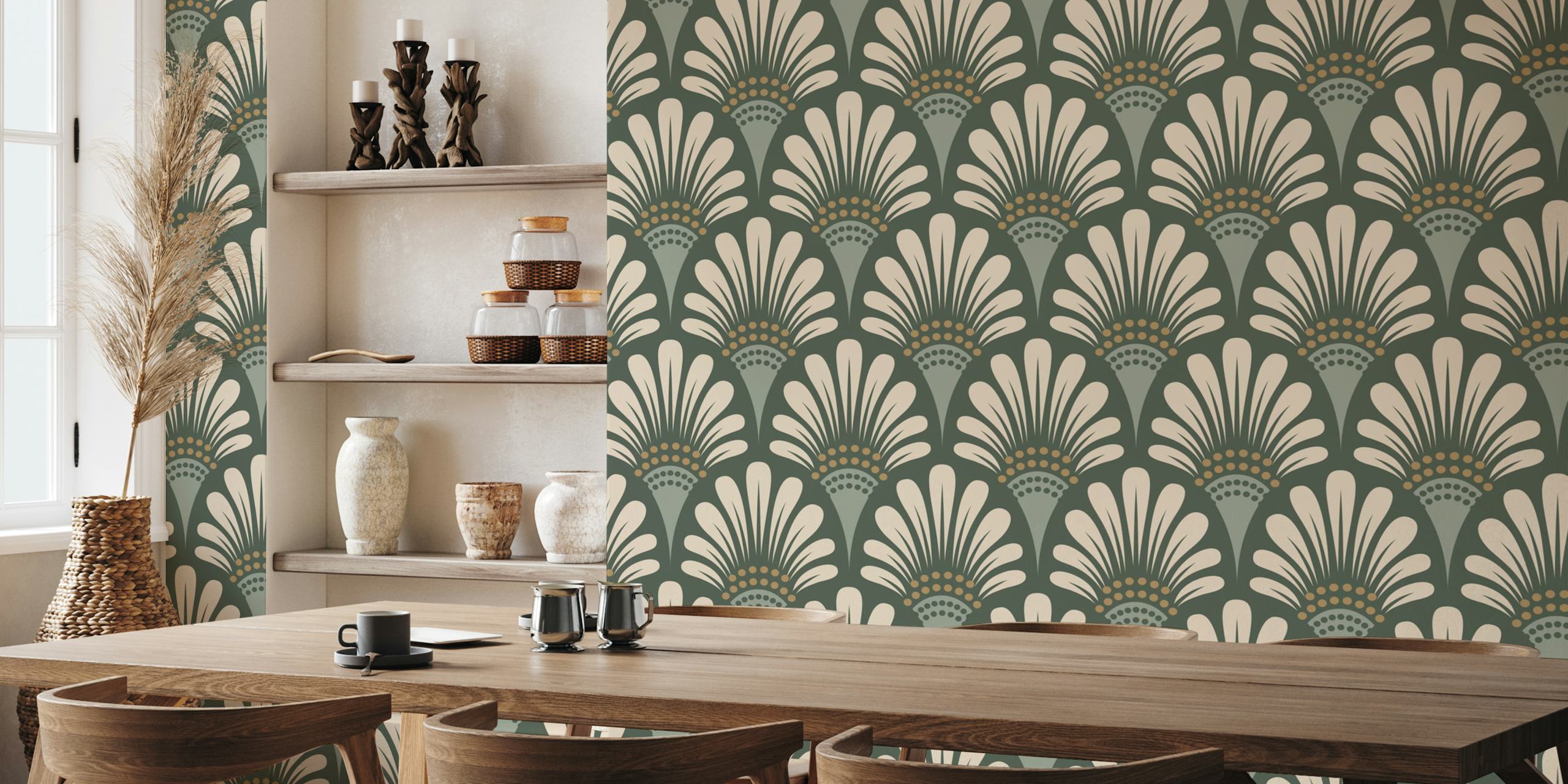 Art deco floral pattern in sage green and cream wallpaper
