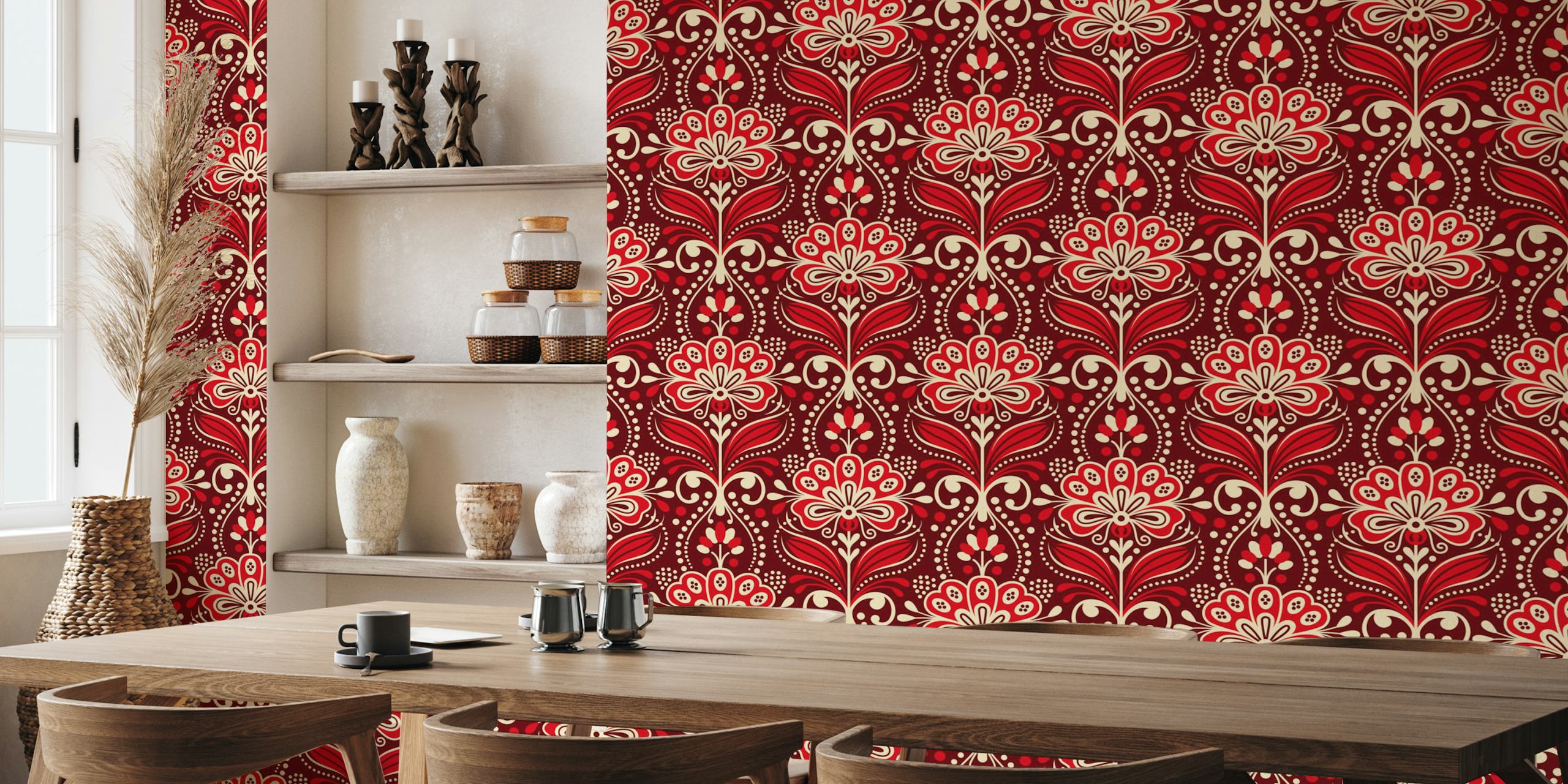 Σκούρο κόκκινο Ornamental vintage florals wallpaper
