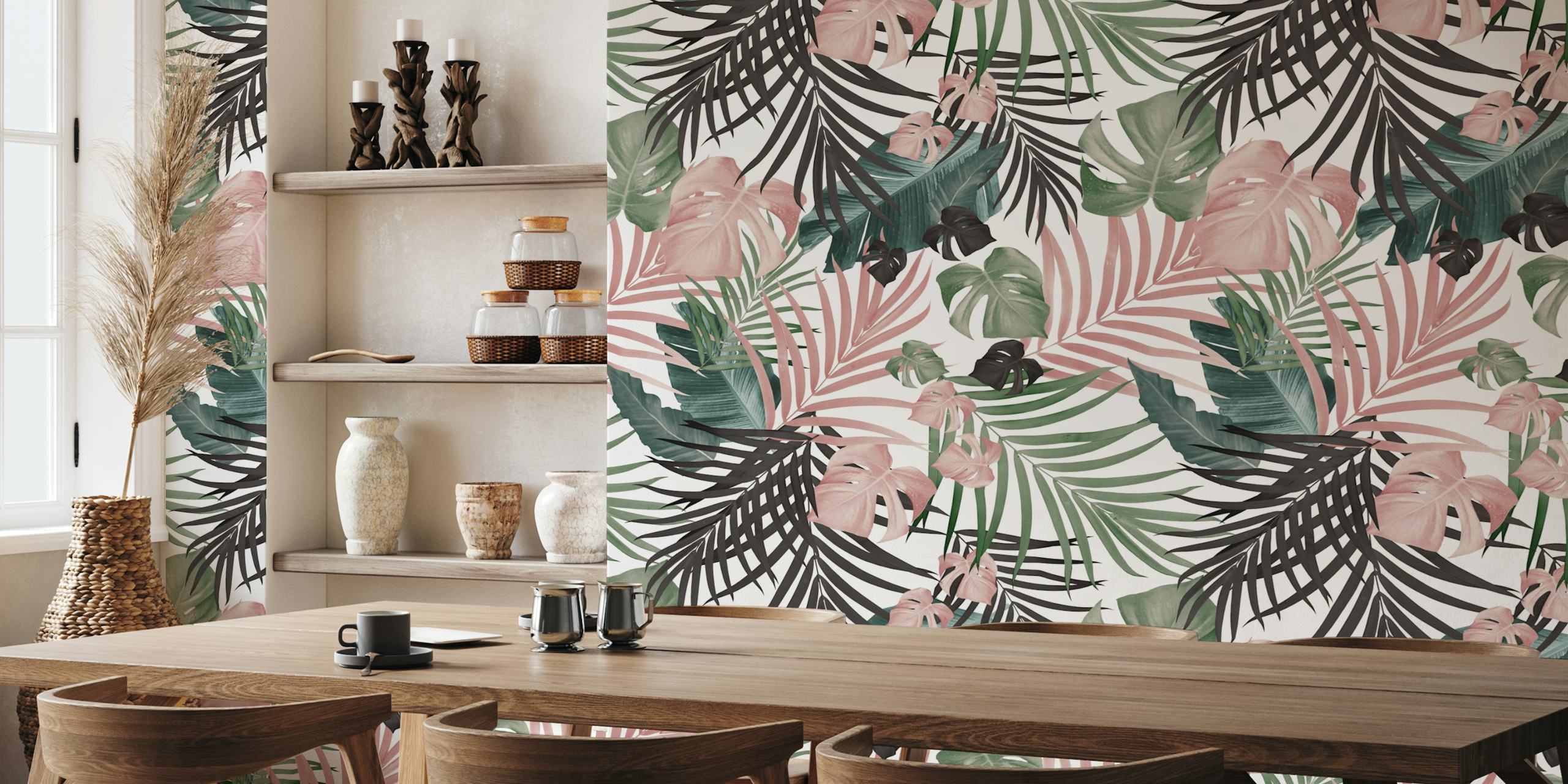 Tropical palm leaves in green and pink colors wallpaper
