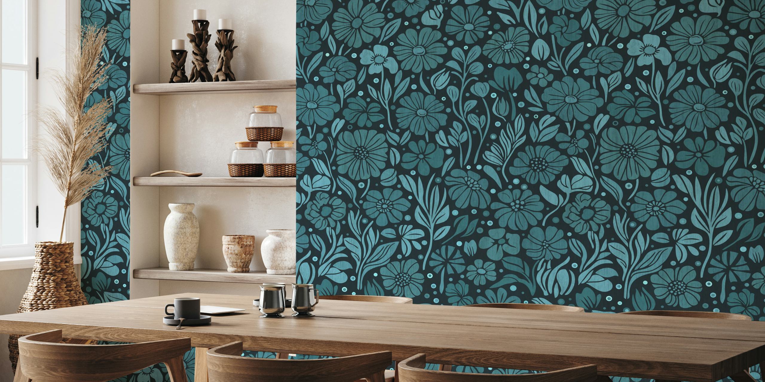Turquoise floral pattern with leaves on dark background wallpaper