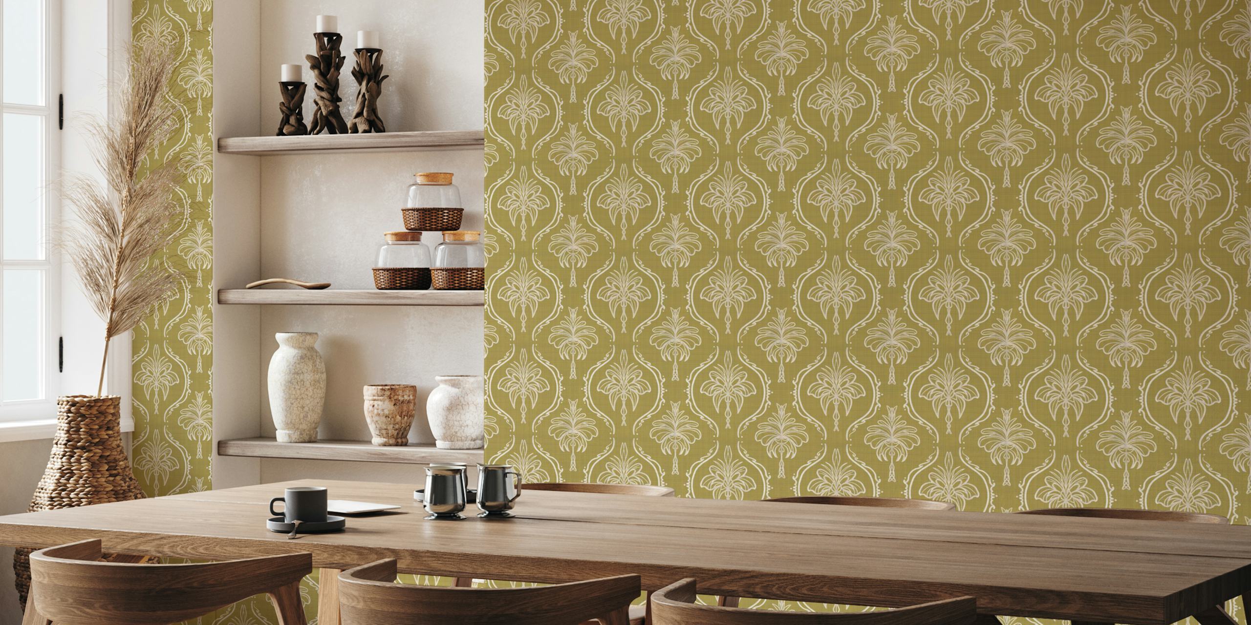 Papier peint Revival Damask Greeny Moss dans une pièce