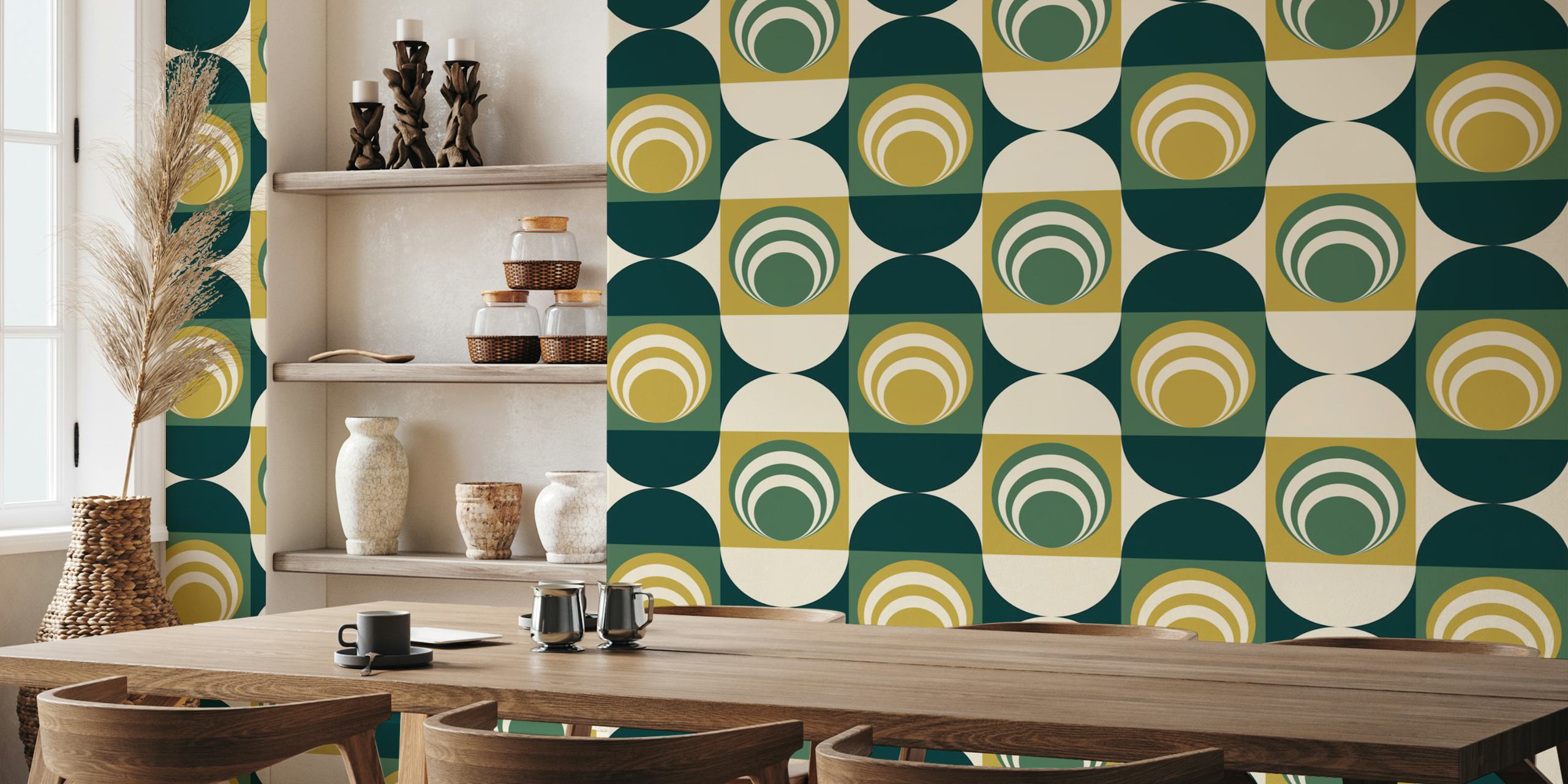 Geometric circles in green, beige, and dark green wallpaper