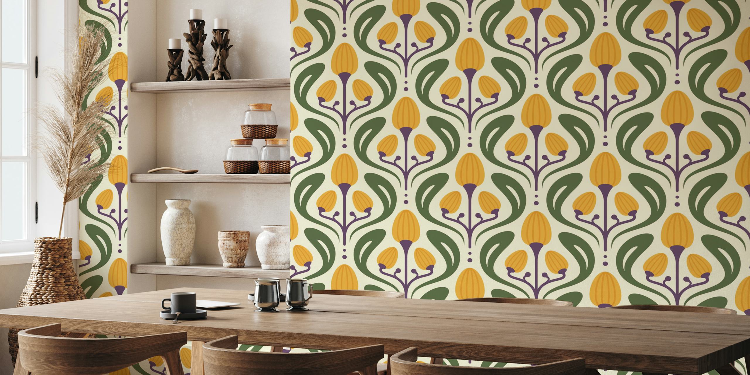 Yellow floral motifs with green leaves in vintage wallpaper