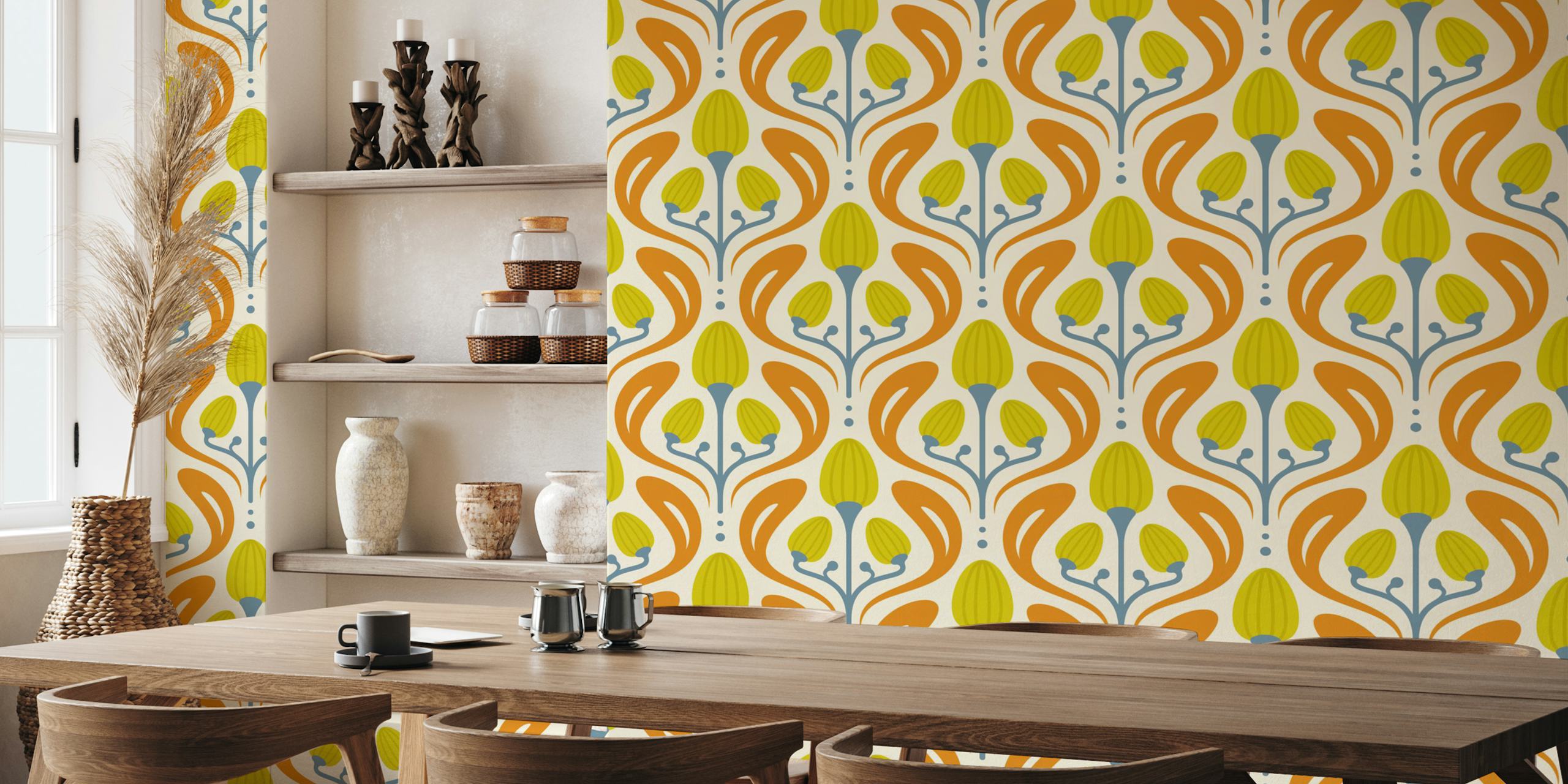 Floral pattern with green and orange elements wallpaper
