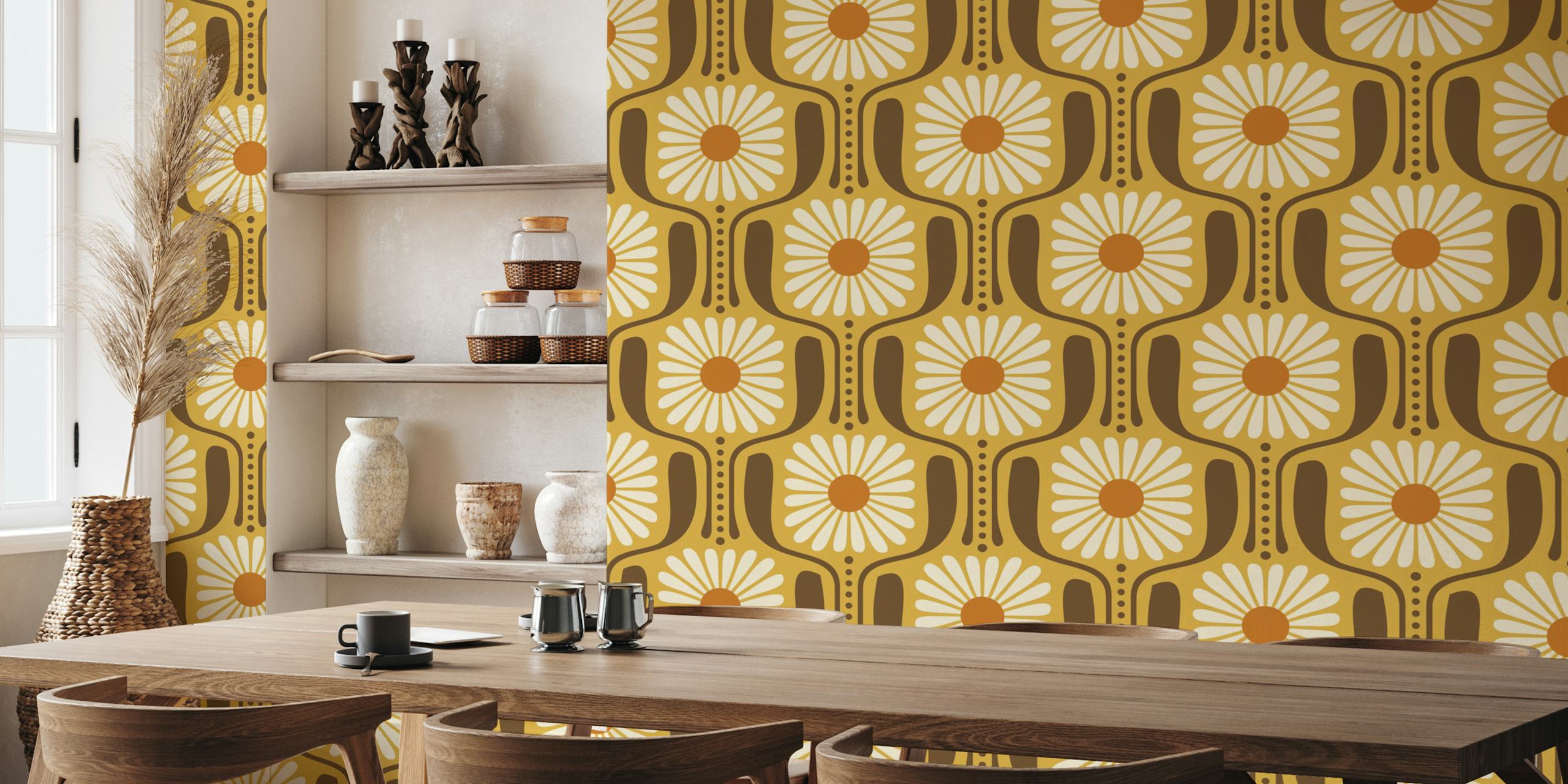 Yellow daisy floral pattern wallpaper with brown accents