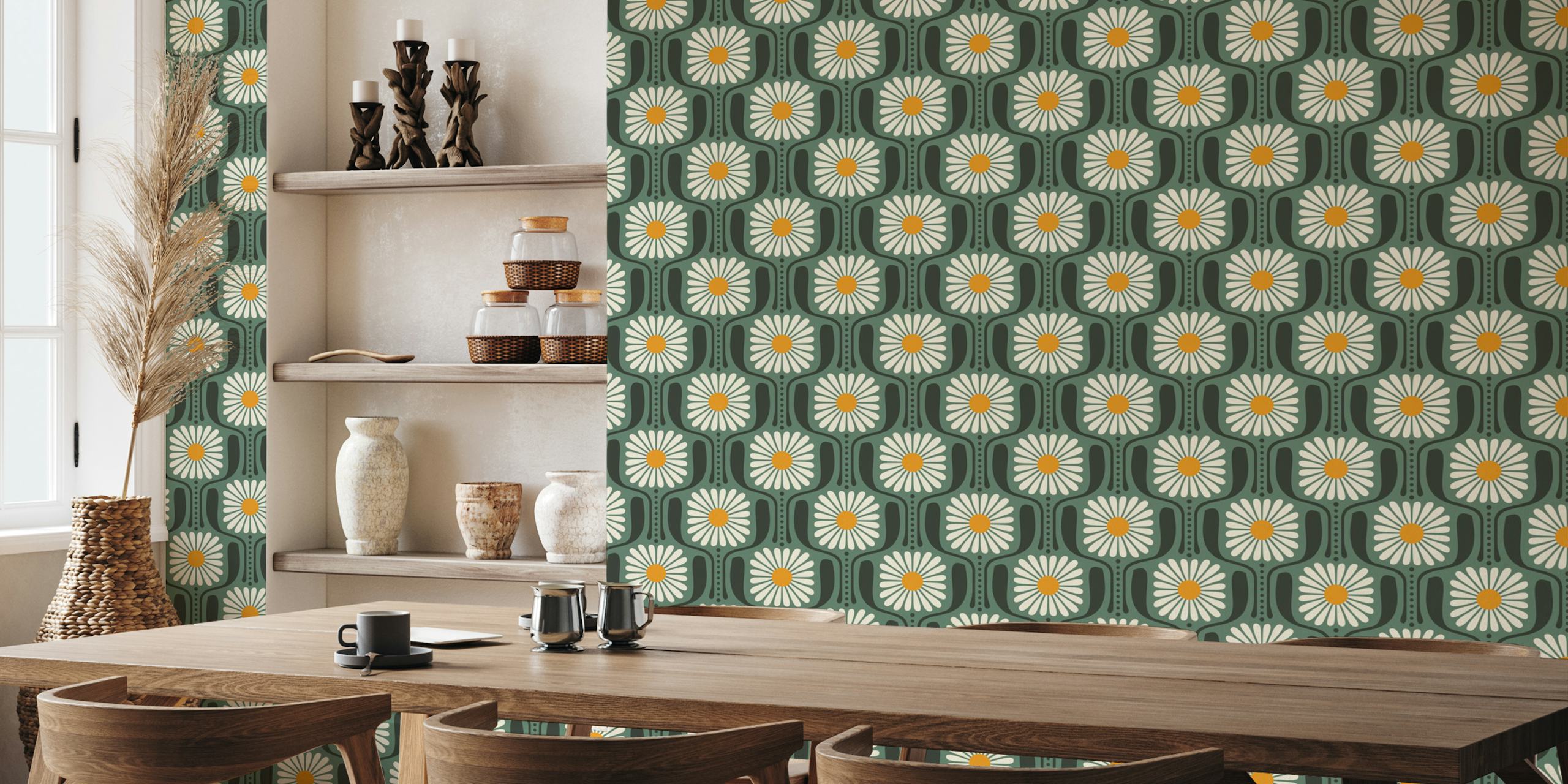 Timeless Daisy Art in Green wallpaper in a room