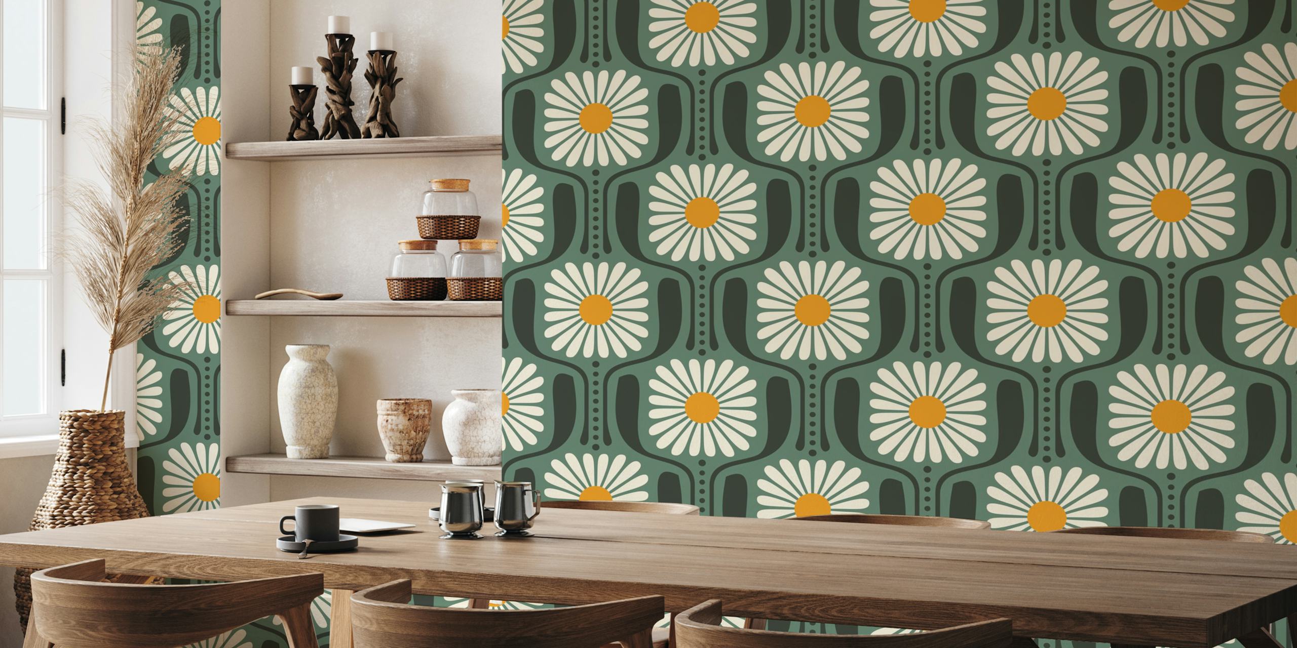 Green background with white daisy flowers and yellow centers wallpaper