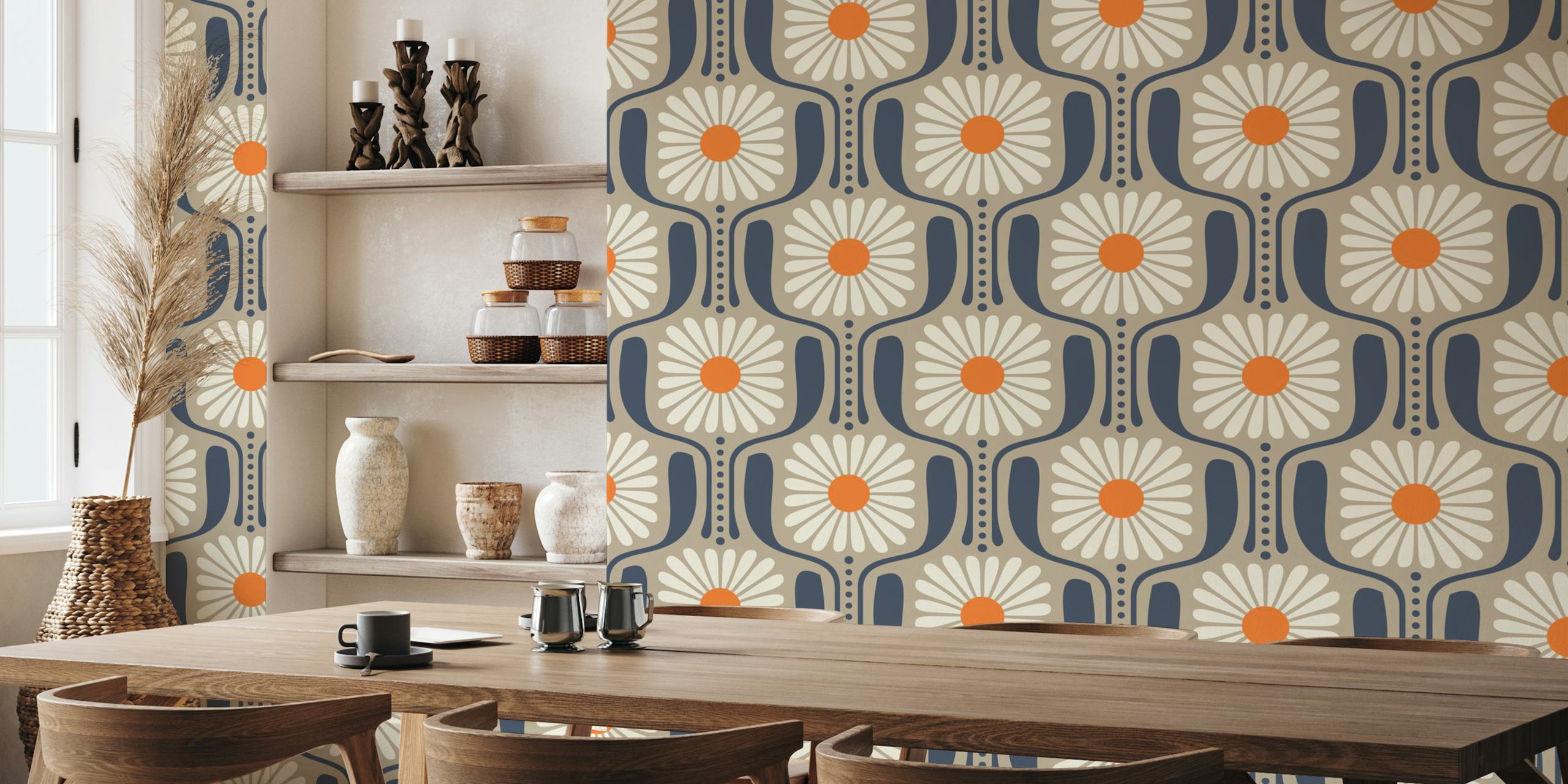 Beige wallpaper featuring large white daisies with orange centers, retro floral design