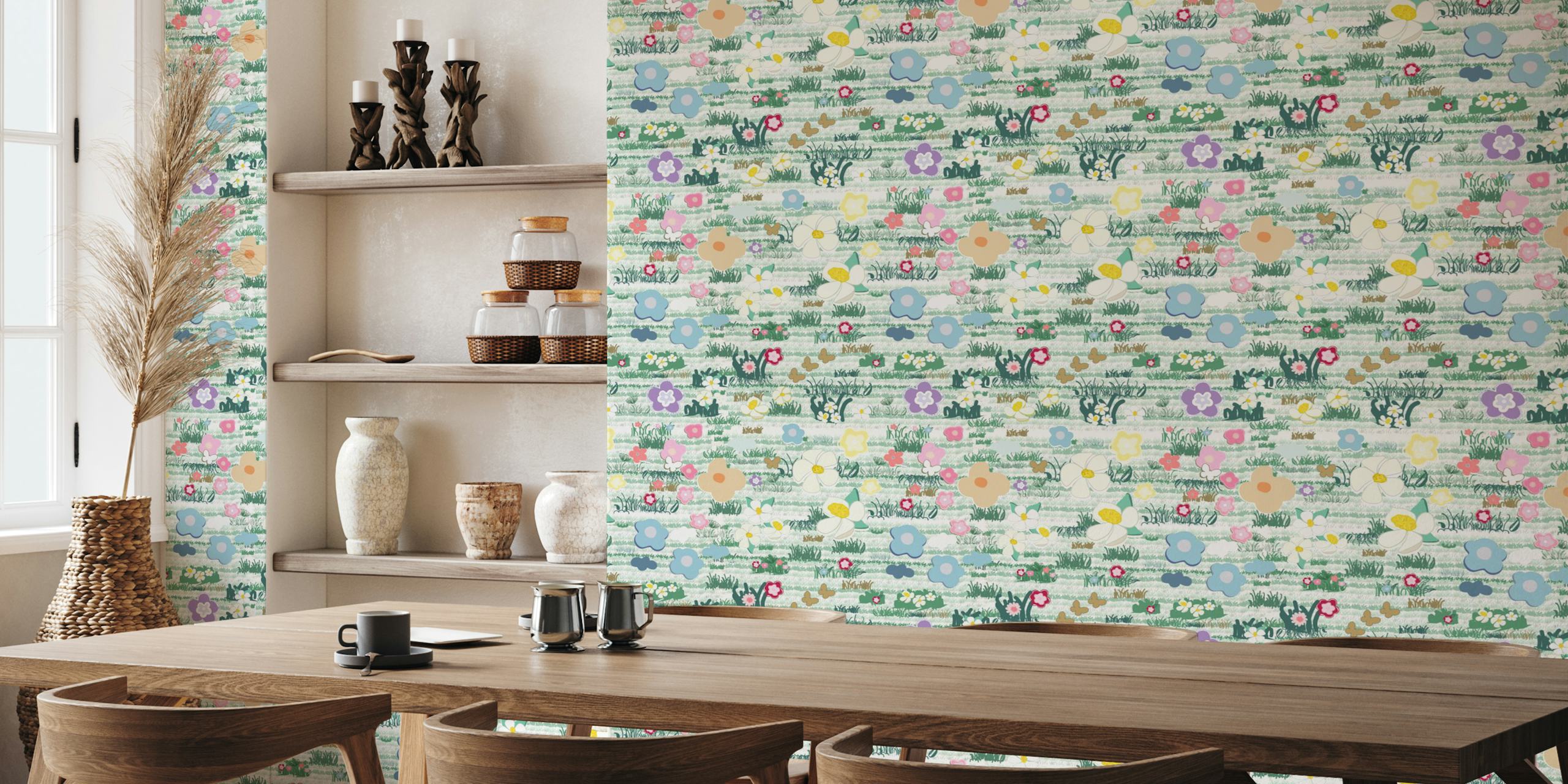 Colorful flowers and grass pattern in pastel tones wallpaper