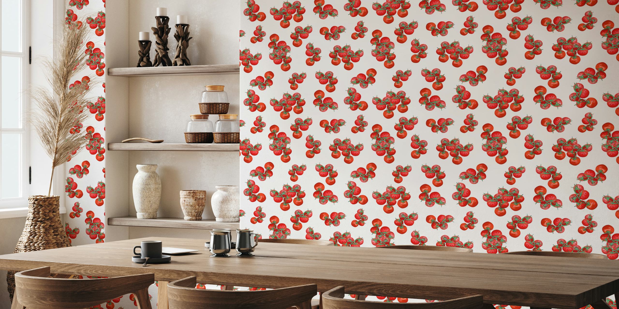 Rode tomaten op groene takken op een witte achtergrond wallpaper