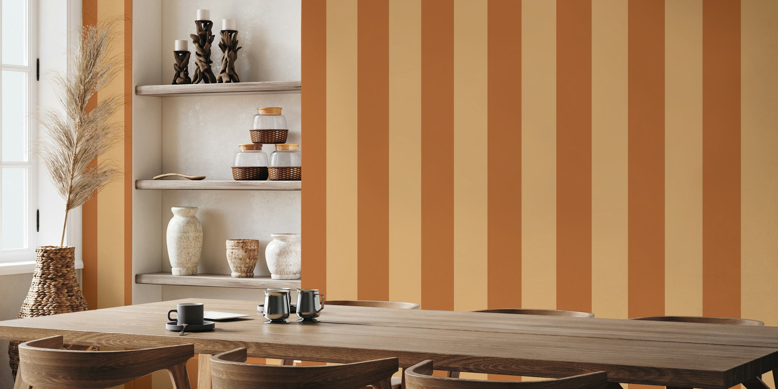 Cabincore Orange Brown Stripes behang in een kamer