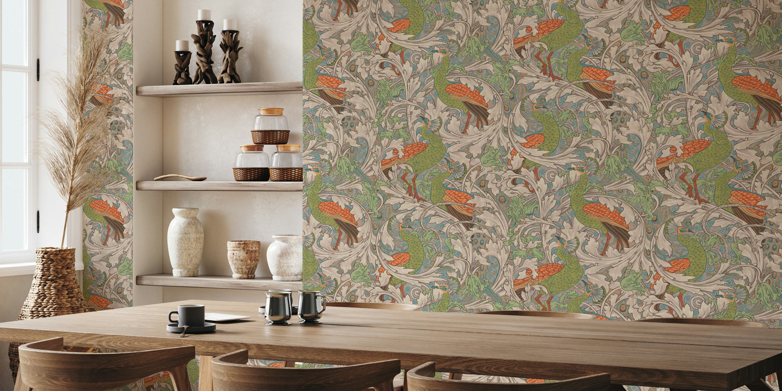 Peacock garden wallpaper design displayed in a room