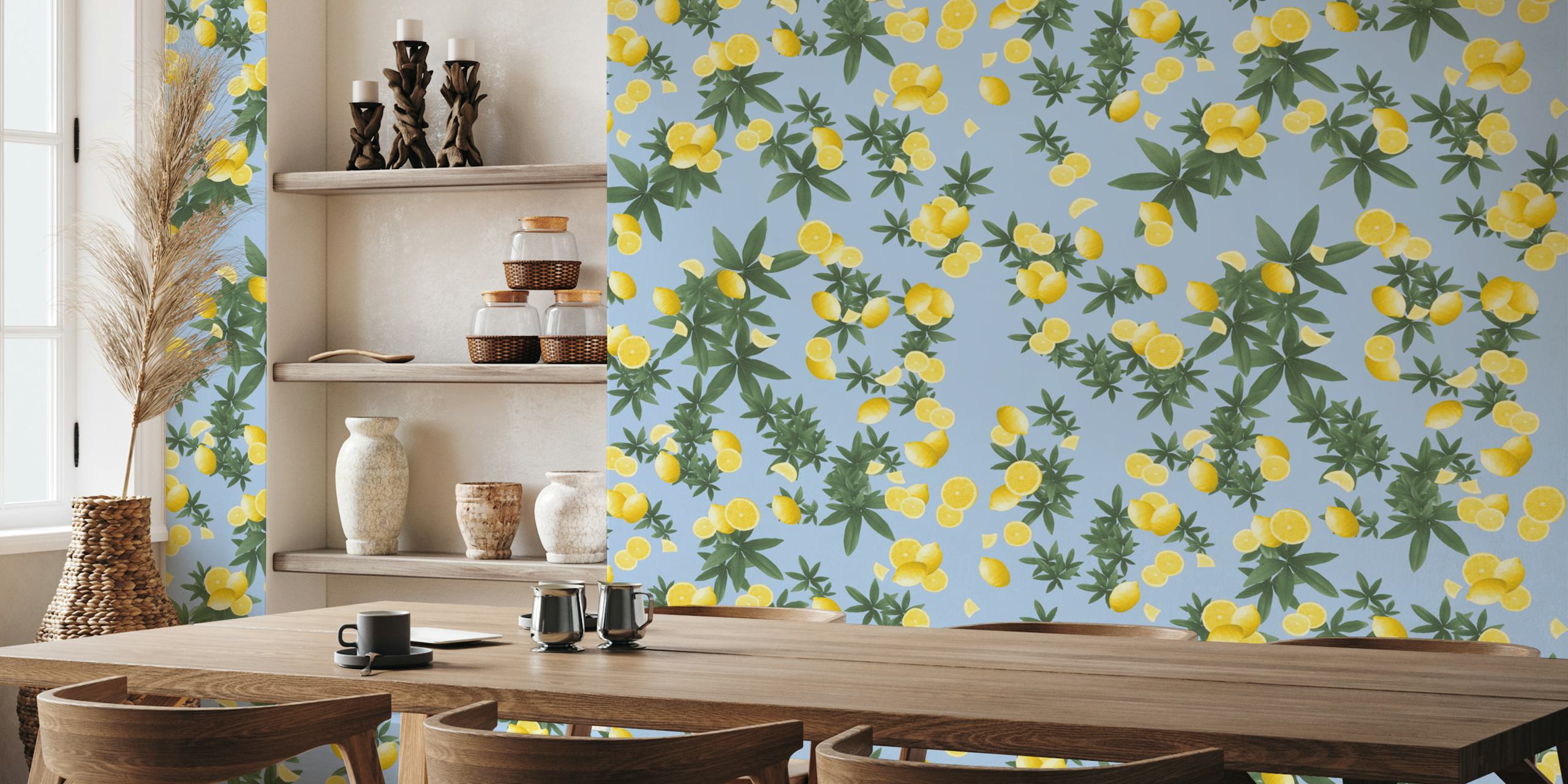 Yellow lemons and green leaves pattern on blue wallpaper