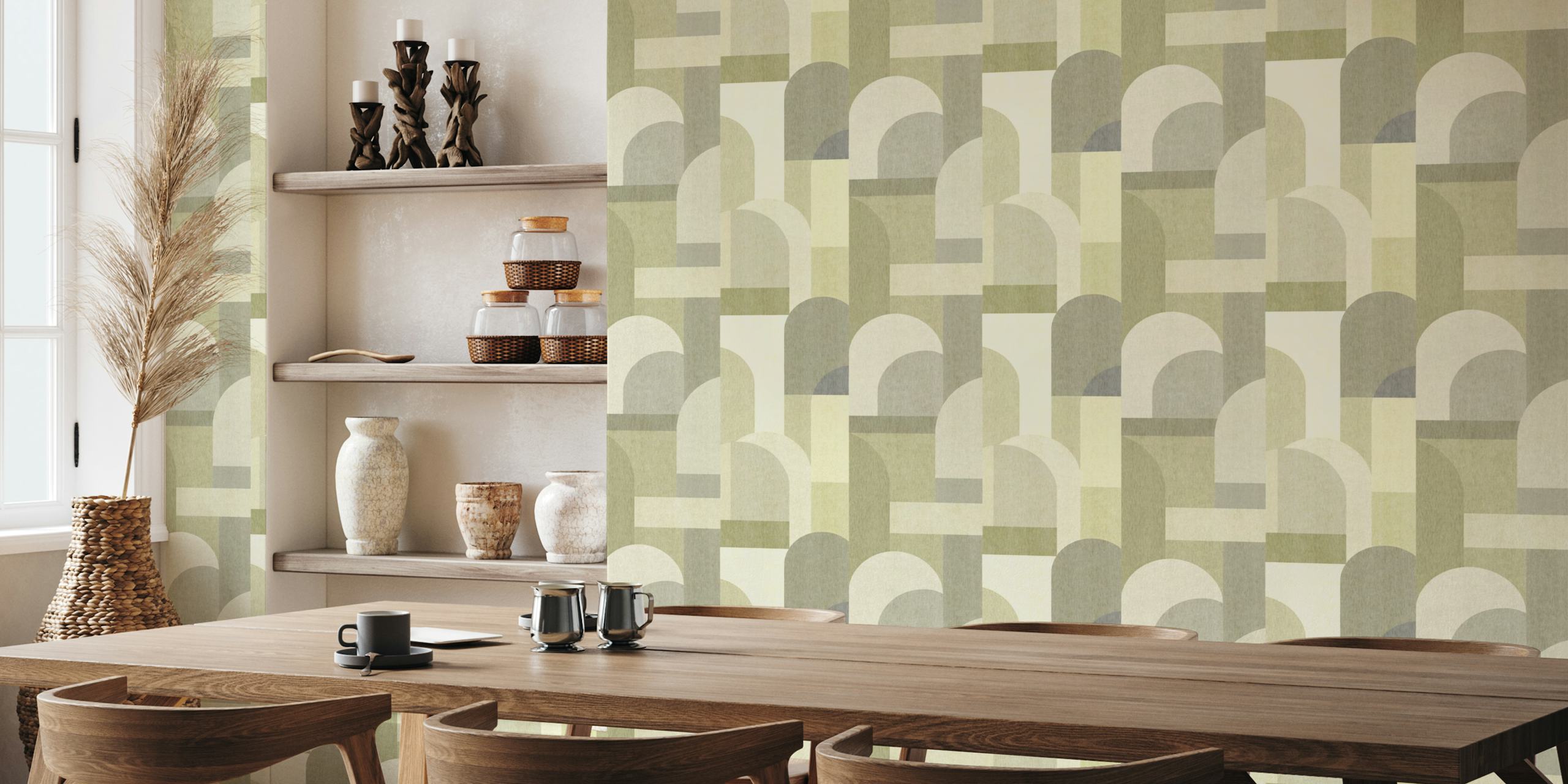 Soft green geometric wallpaper in a room
