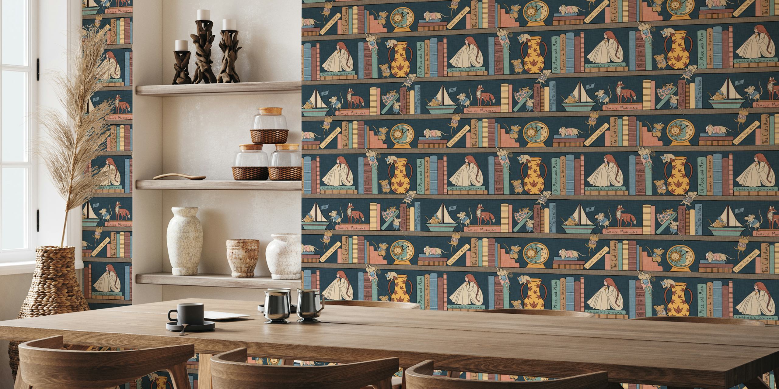 Whimsical wallpaper featuring playful mice and books