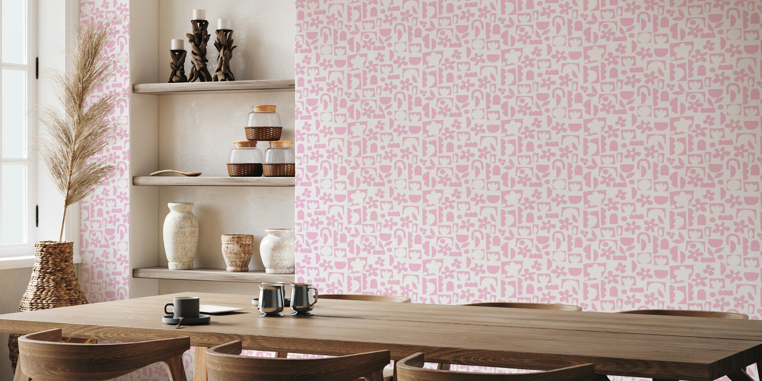 Cheerful pink floral shapes and geometric patterns wallpaper