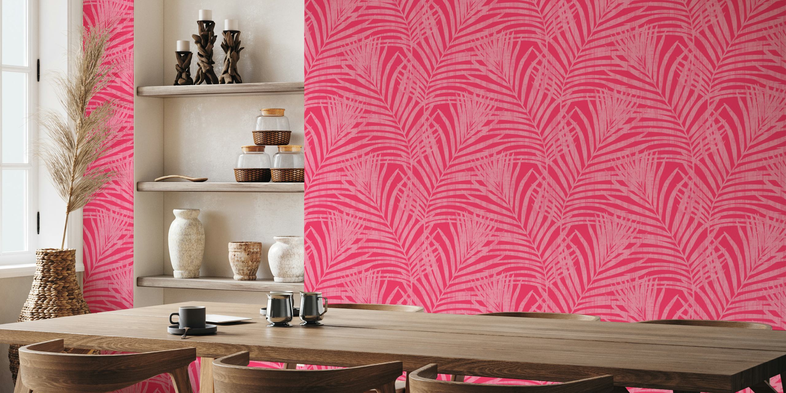 Pink tropical palm leaves in a textured pattern wallpaper