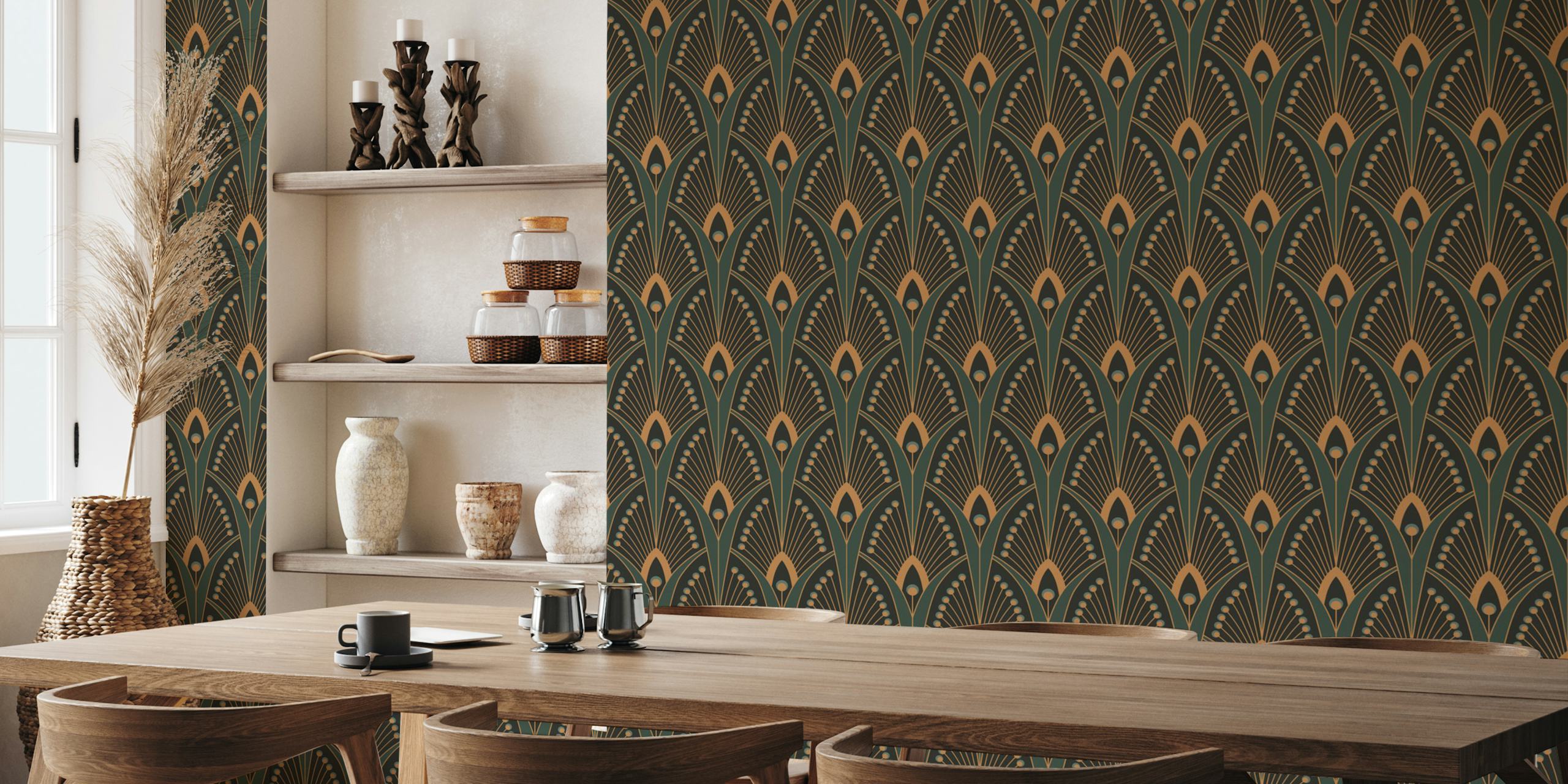 Geometric pattern with green and golden hues in Art Deco style wallpaper