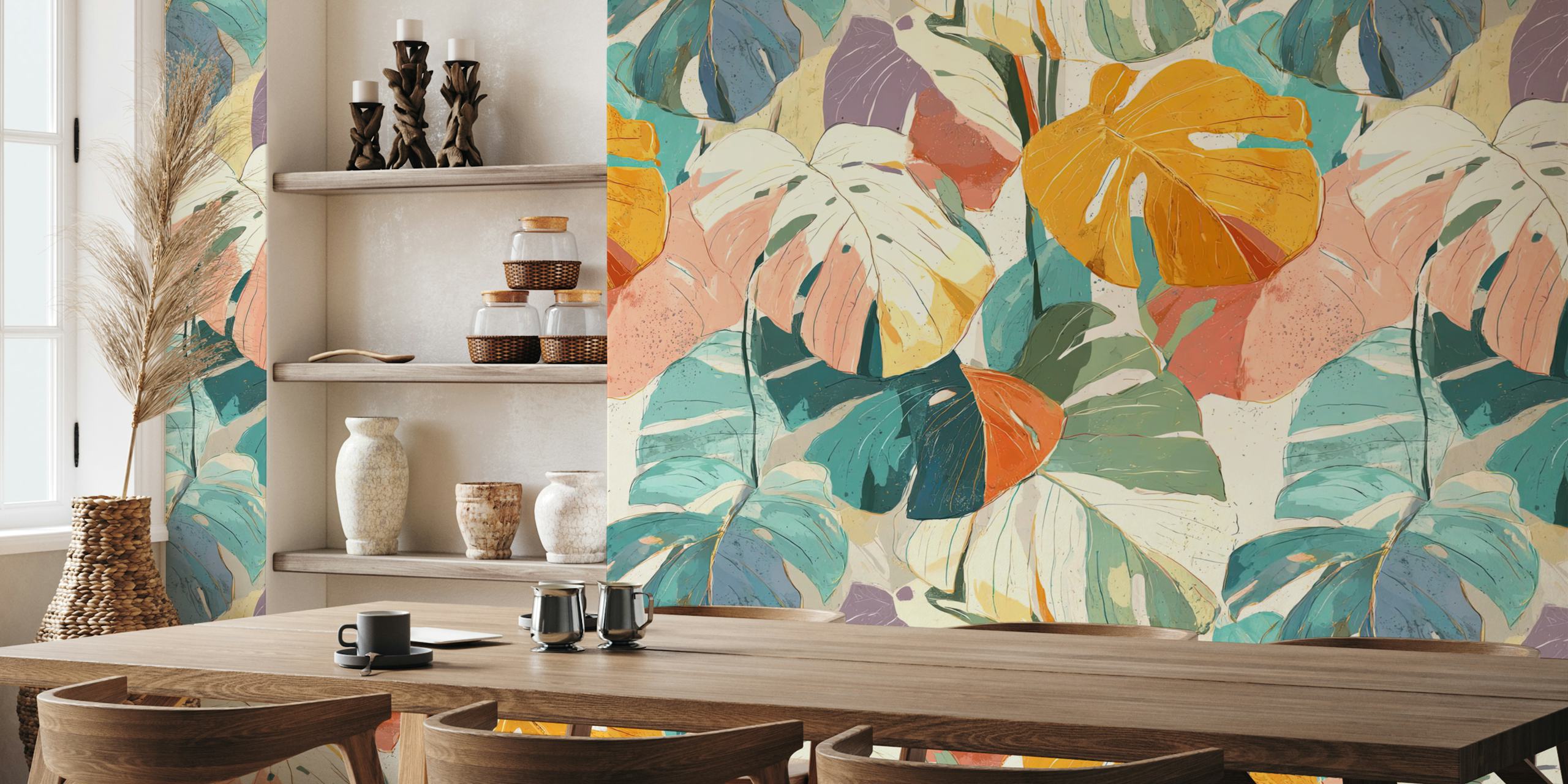 Arty Monstera wallpaper in a room setting