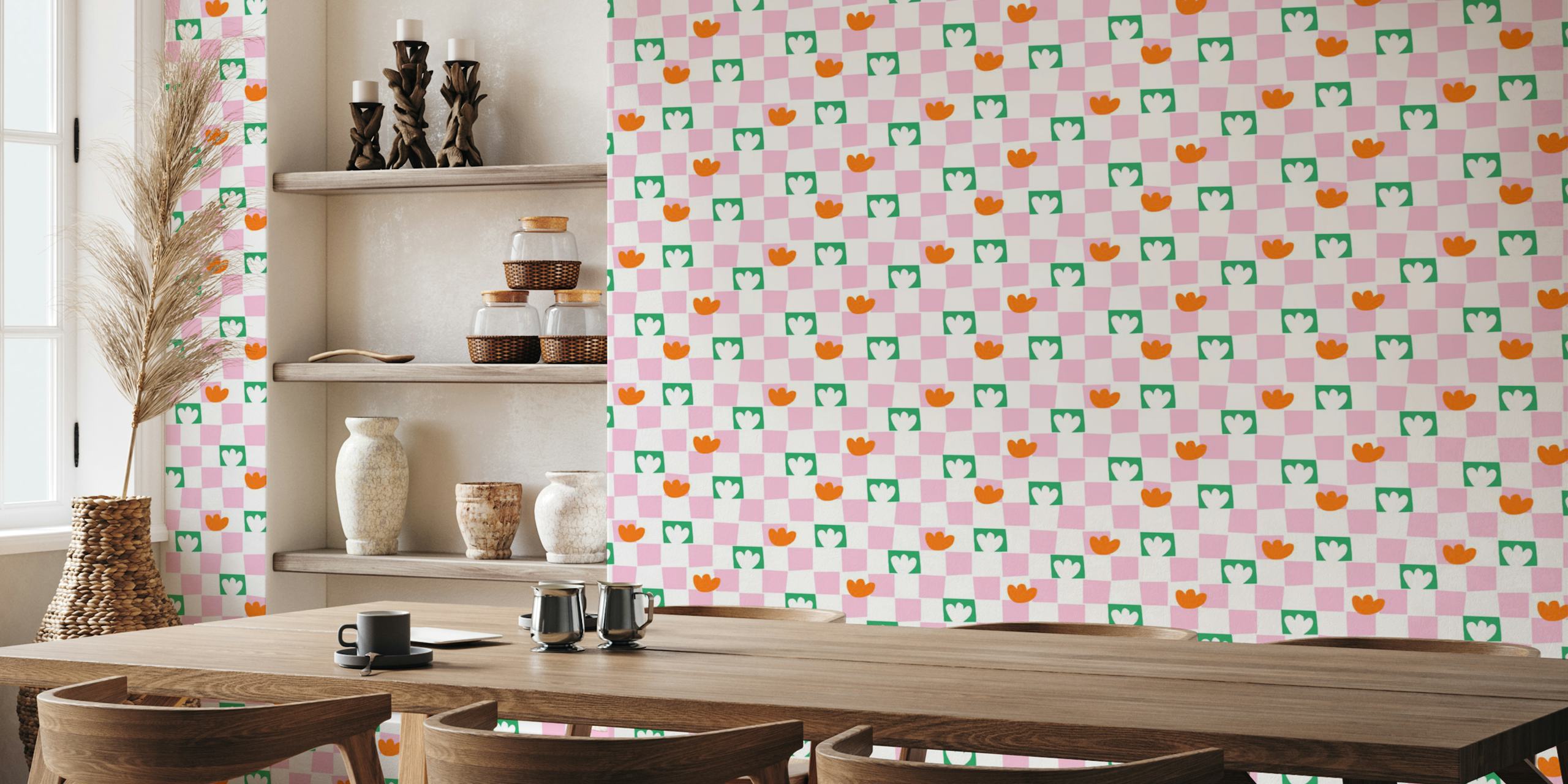 Colorful floral checkerboard wallpaper in pink, green, orange