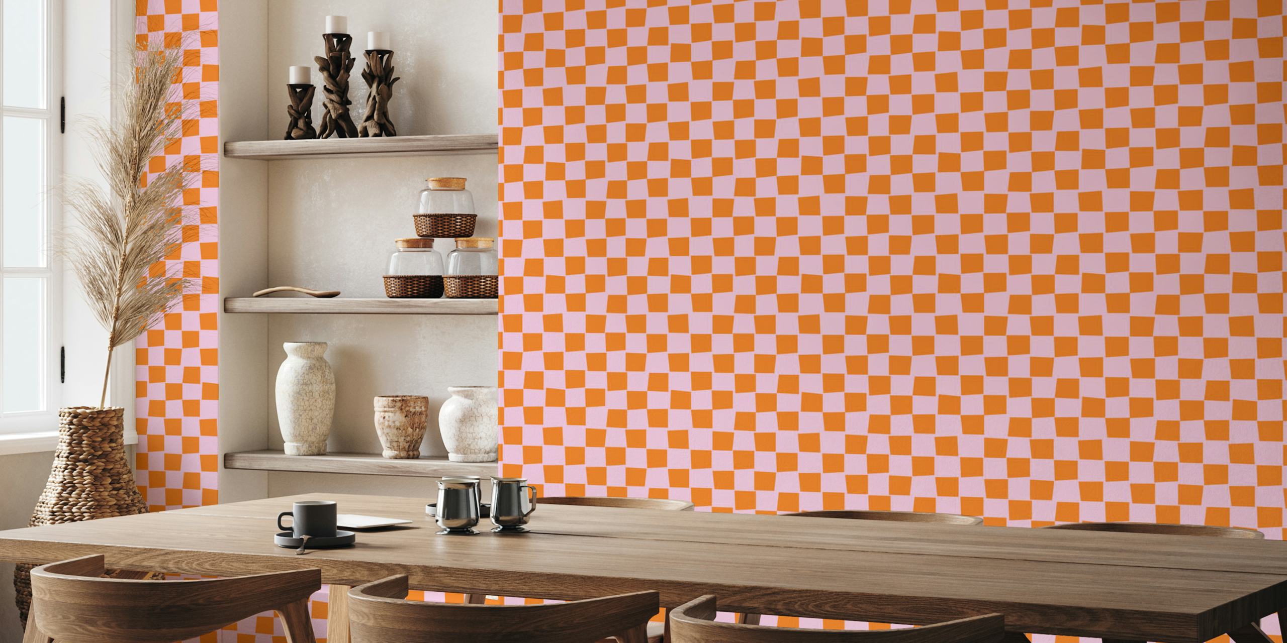 Checkerboard pattern wallpaper in orange and pink colors with playful design