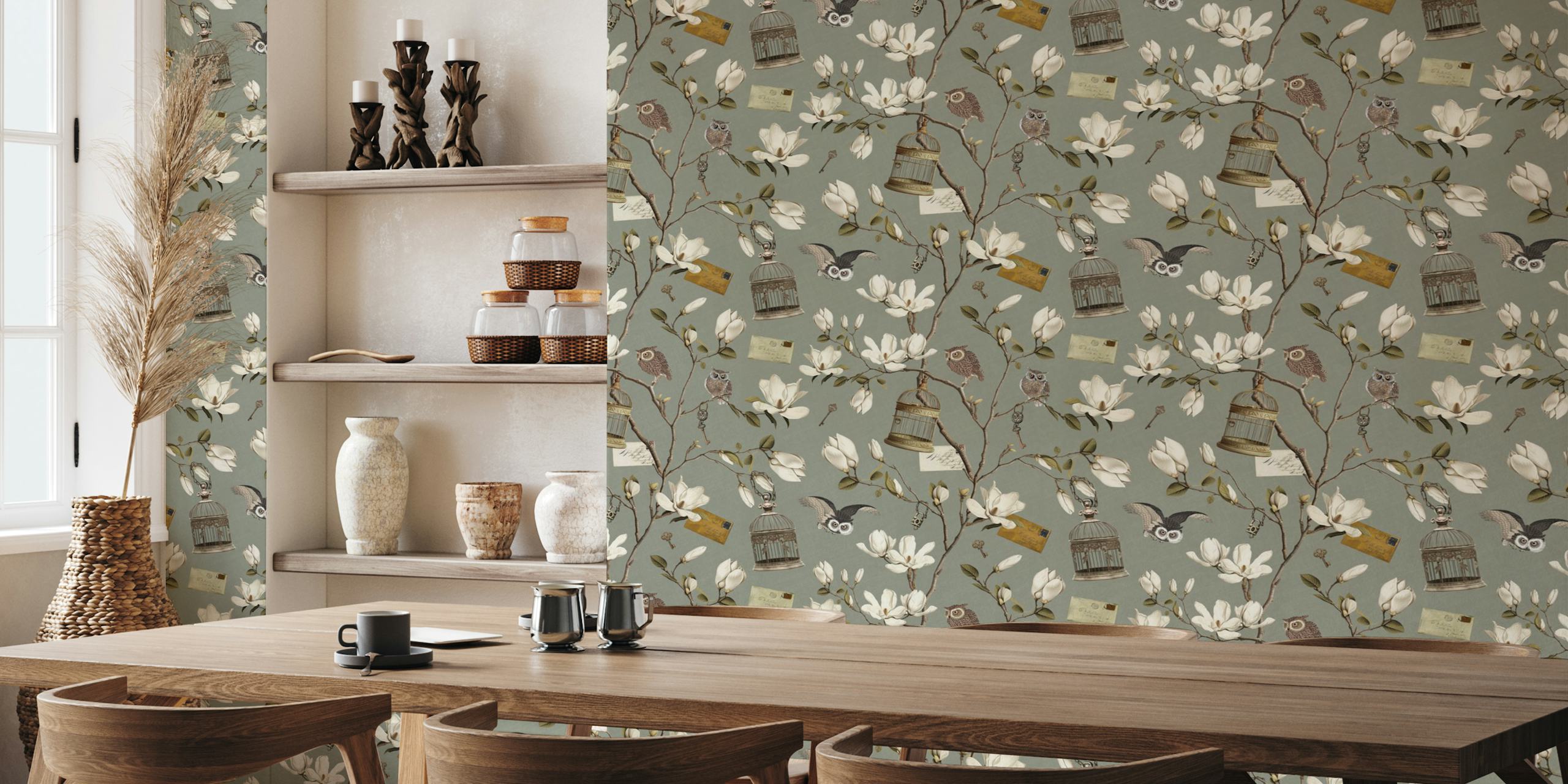 Magnolia branches with owls and vintage elements in green wallpaper