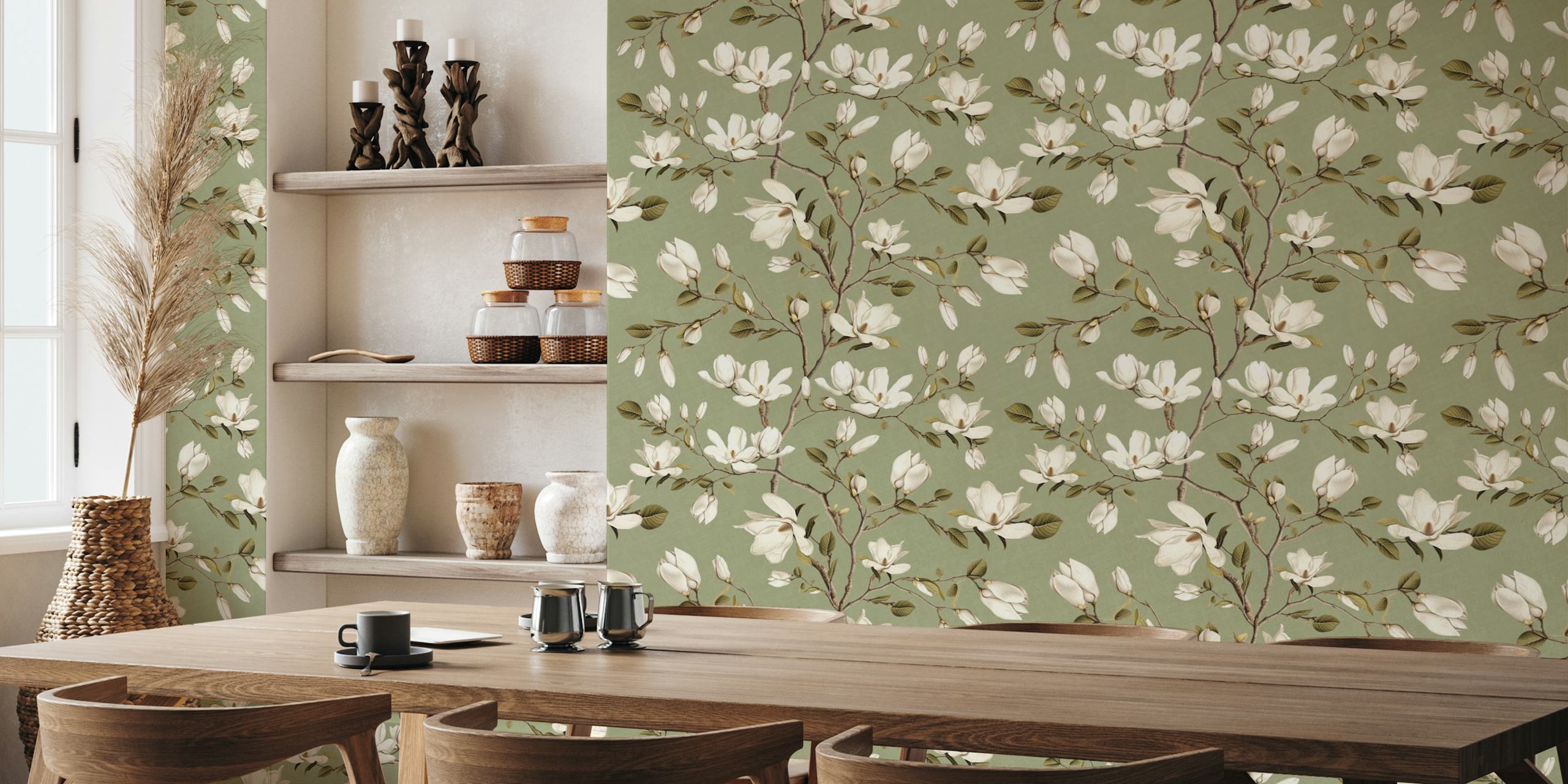 Carta da parati Magnolia Grove in Sage Green in una stanza