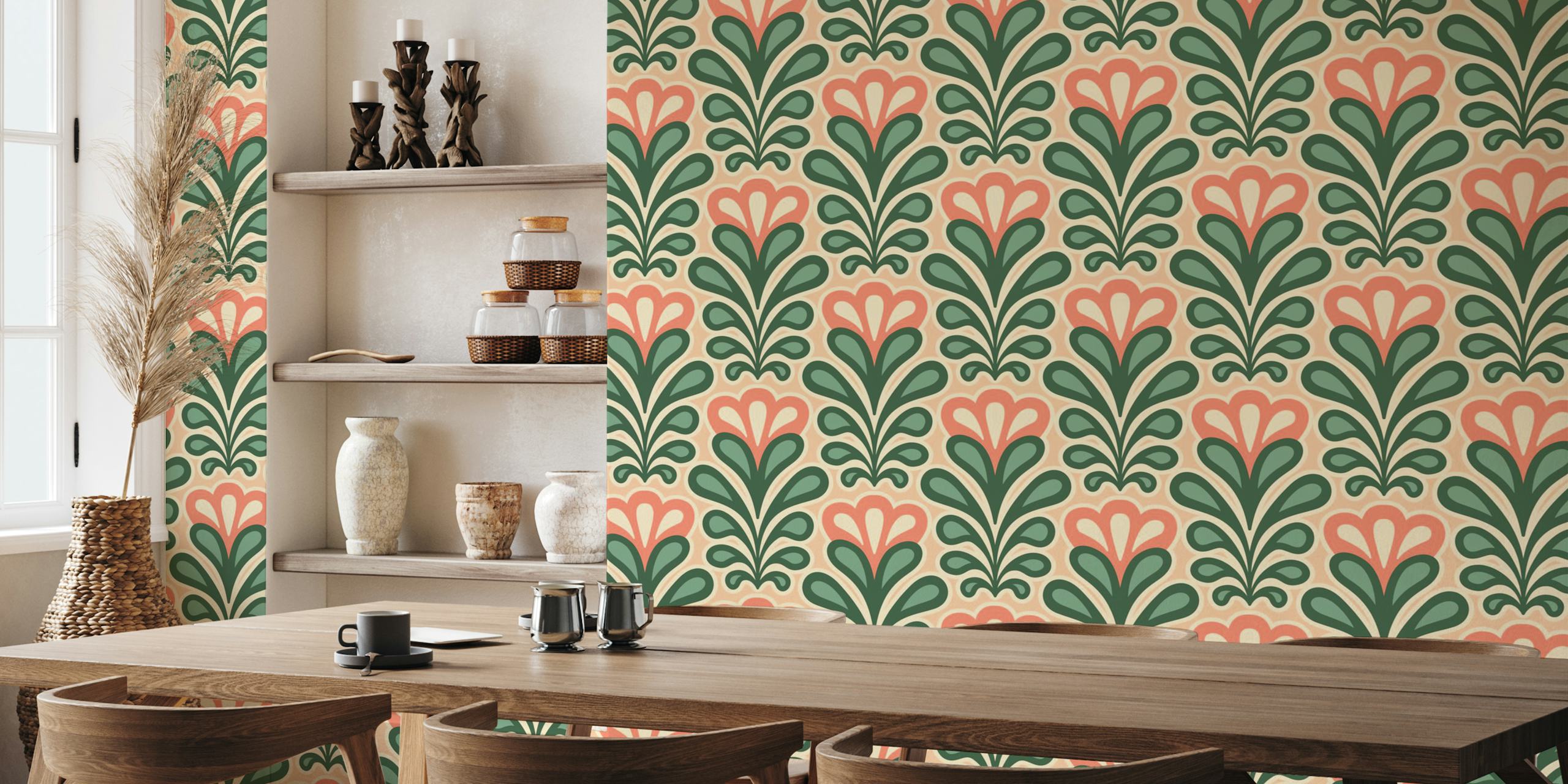 Retro floral pattern in pink and green wallpaper