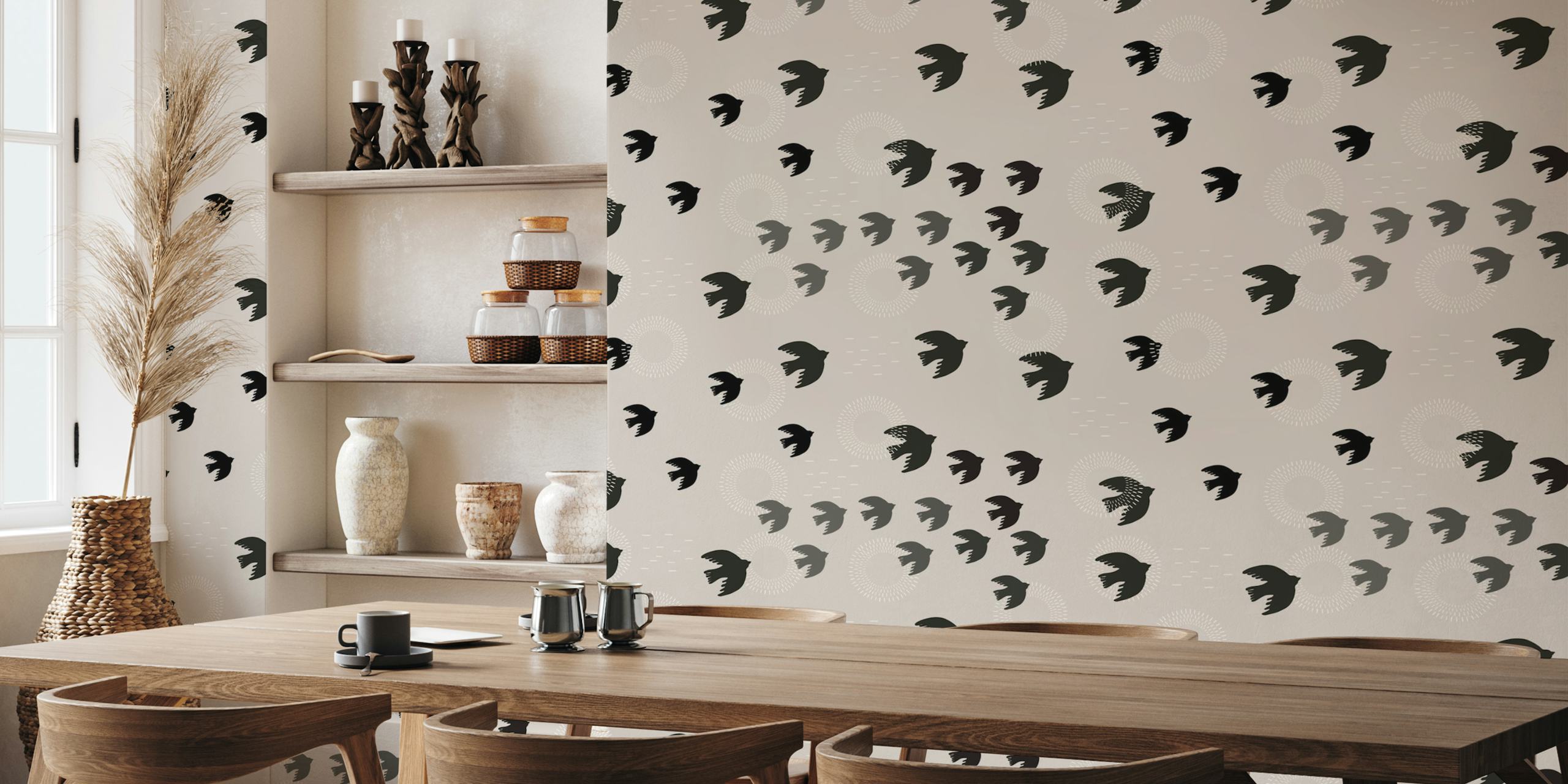 Black birds flying on a soft gray background wallpaper