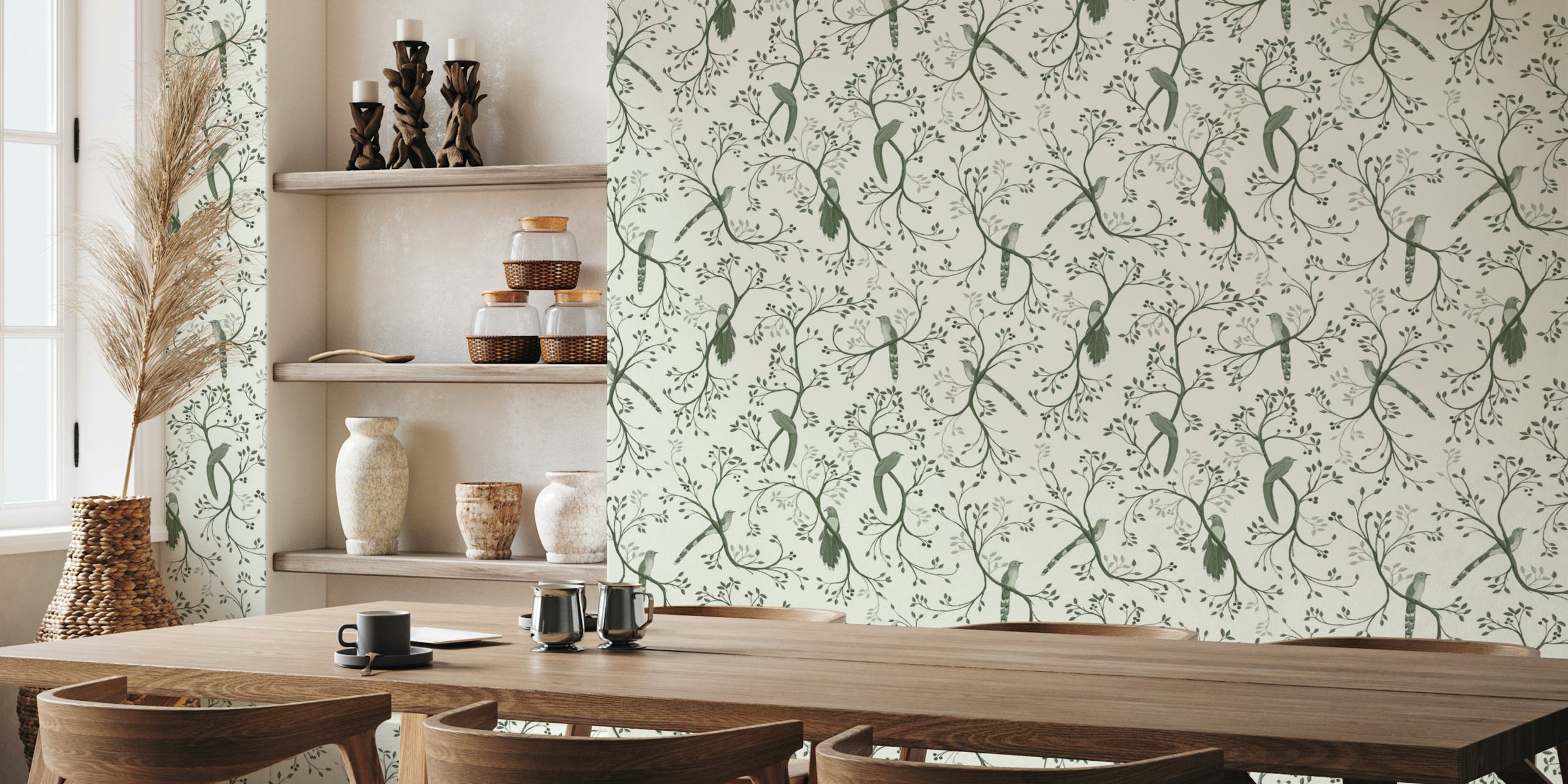 Green birds perched on ivory branches with leaves wallpaper