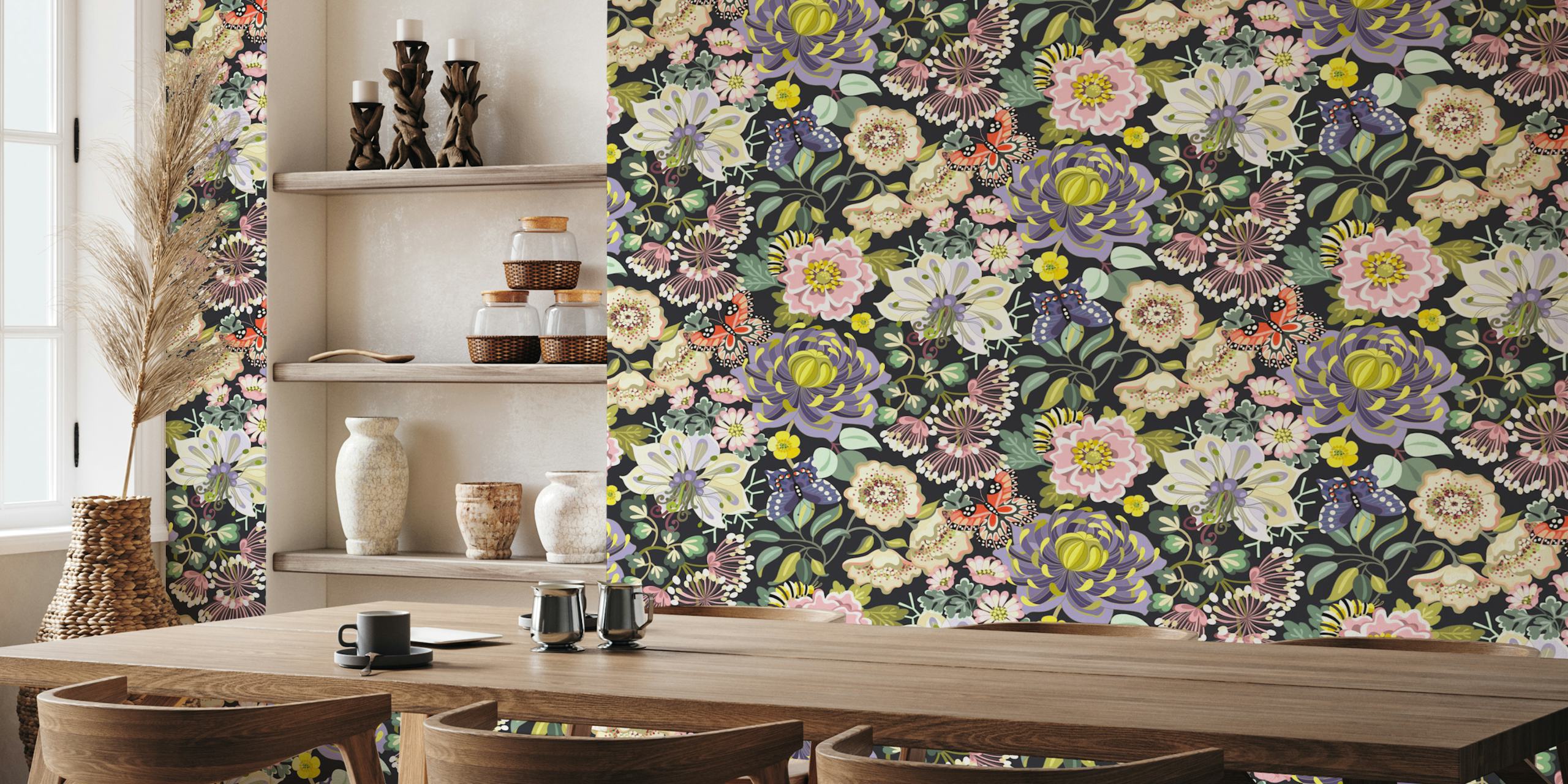 Tapeta Dark florals ve stylovém pokoji