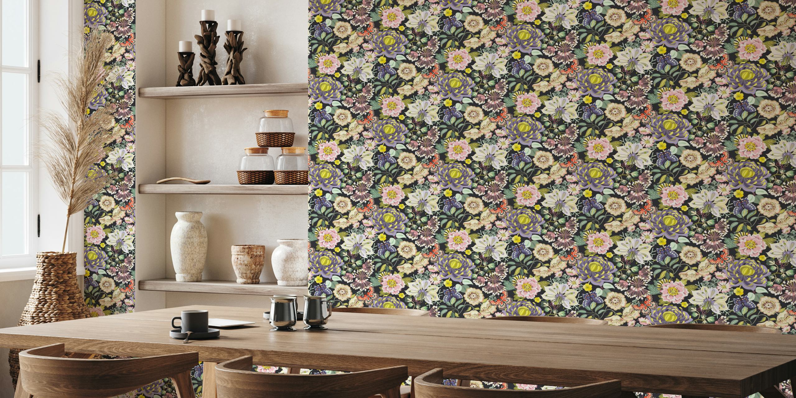 Dark florals small scale wallpaper in a room