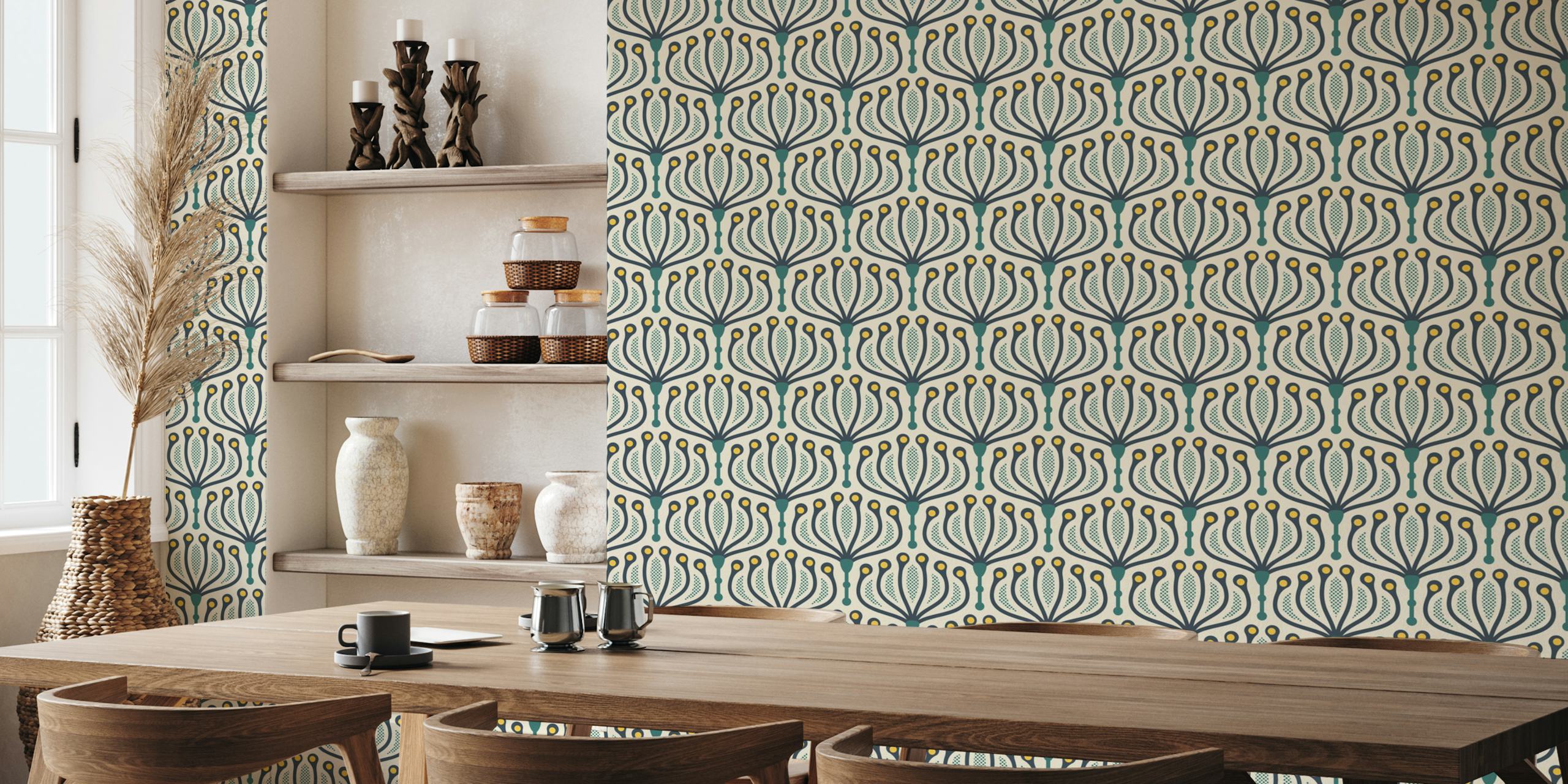 Geometric floral patterns in green and yellow on cream wallpaper