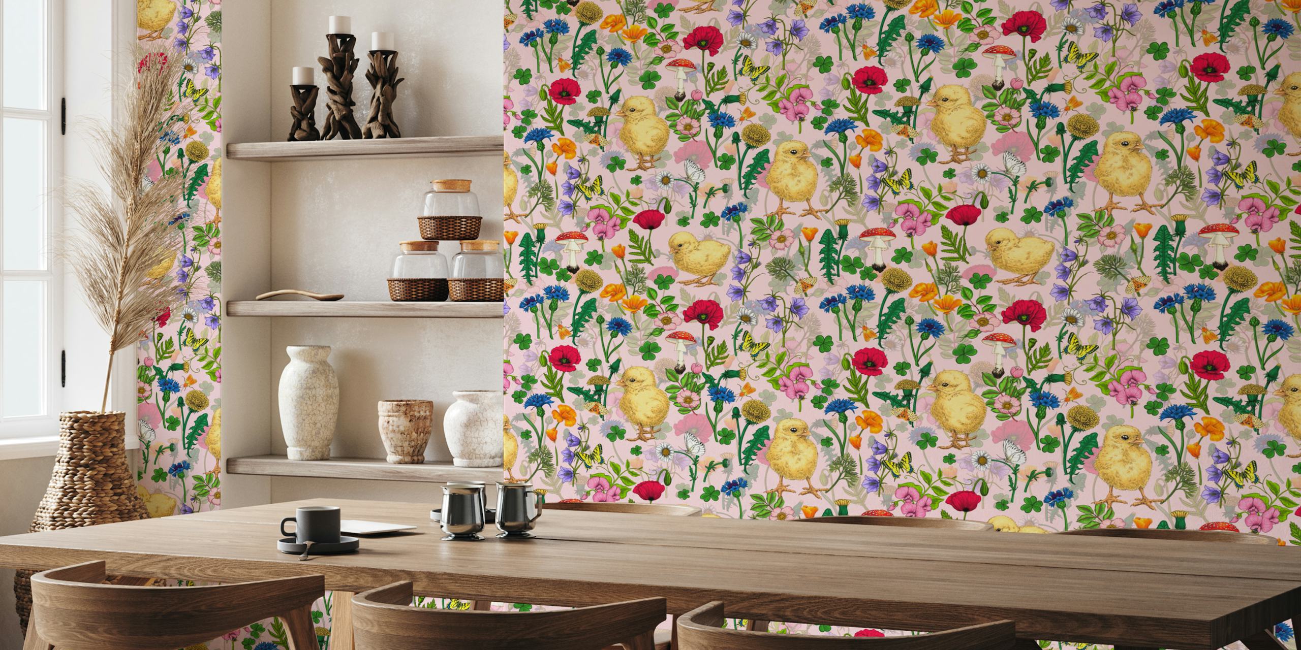 Chickens and wildflowers on pink background wallpaper