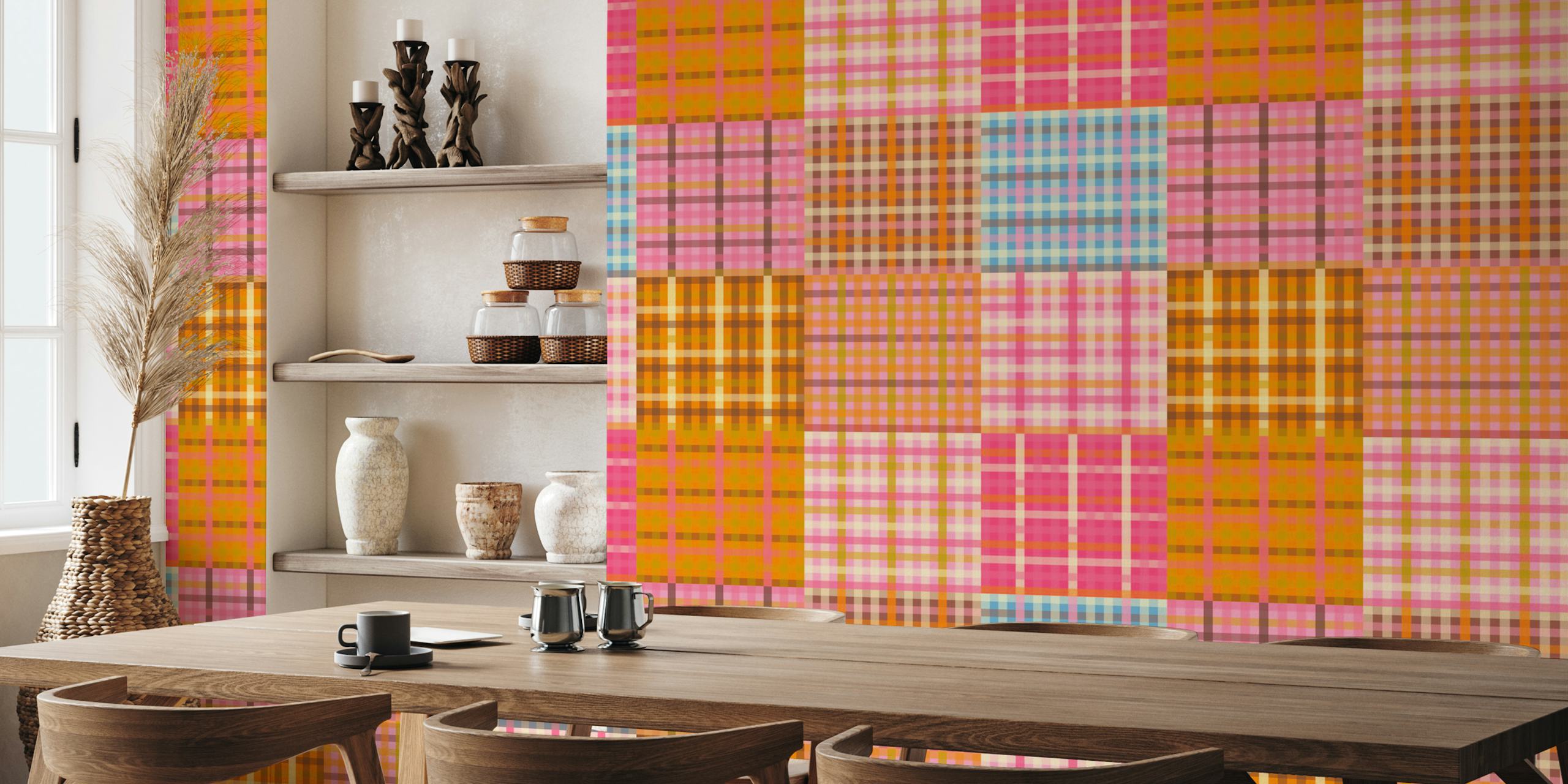 Papel de parede Cozy eclectic pink gingham plaid em um quarto