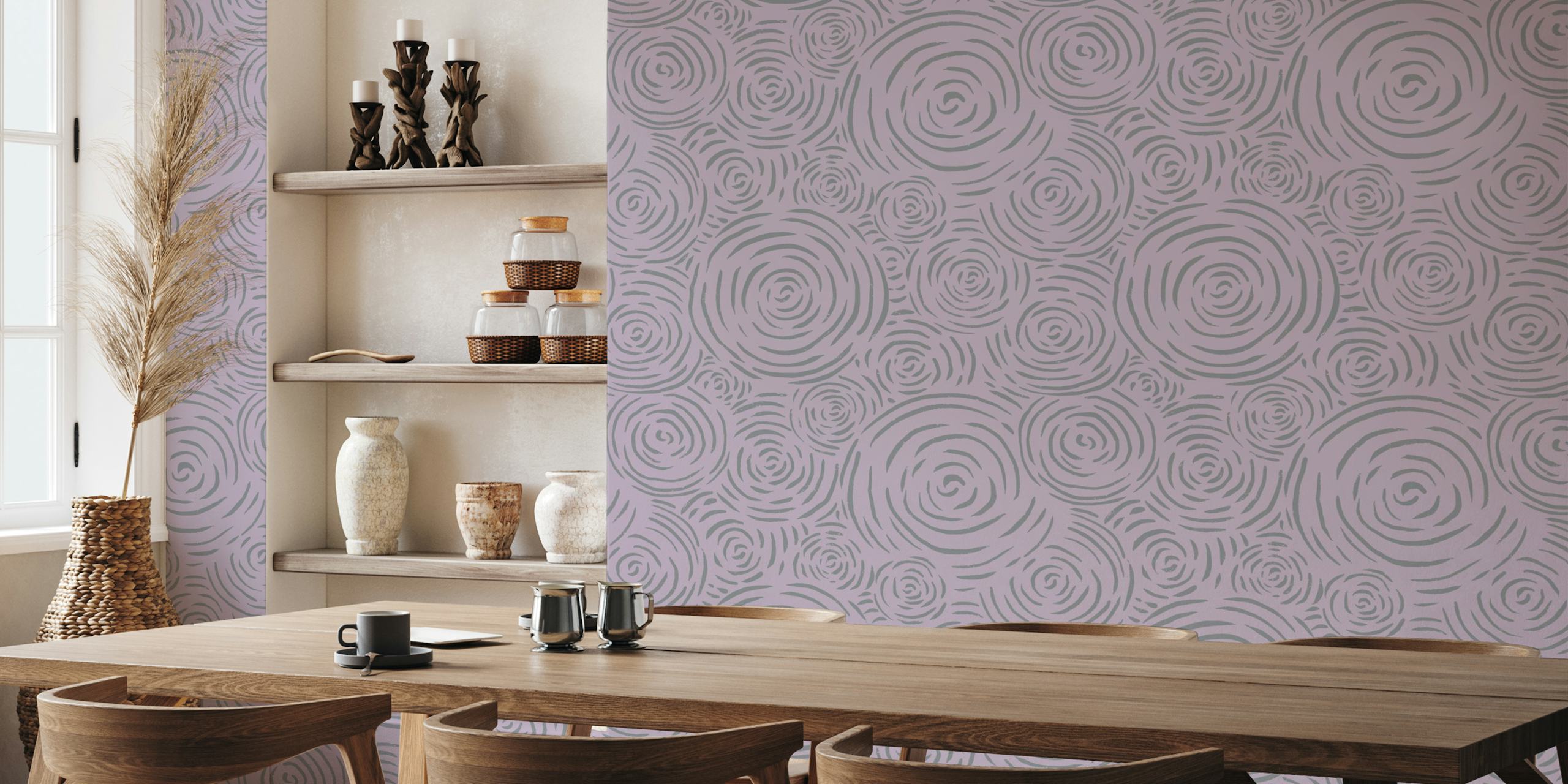 Purple ripples patterned wallpaper in room