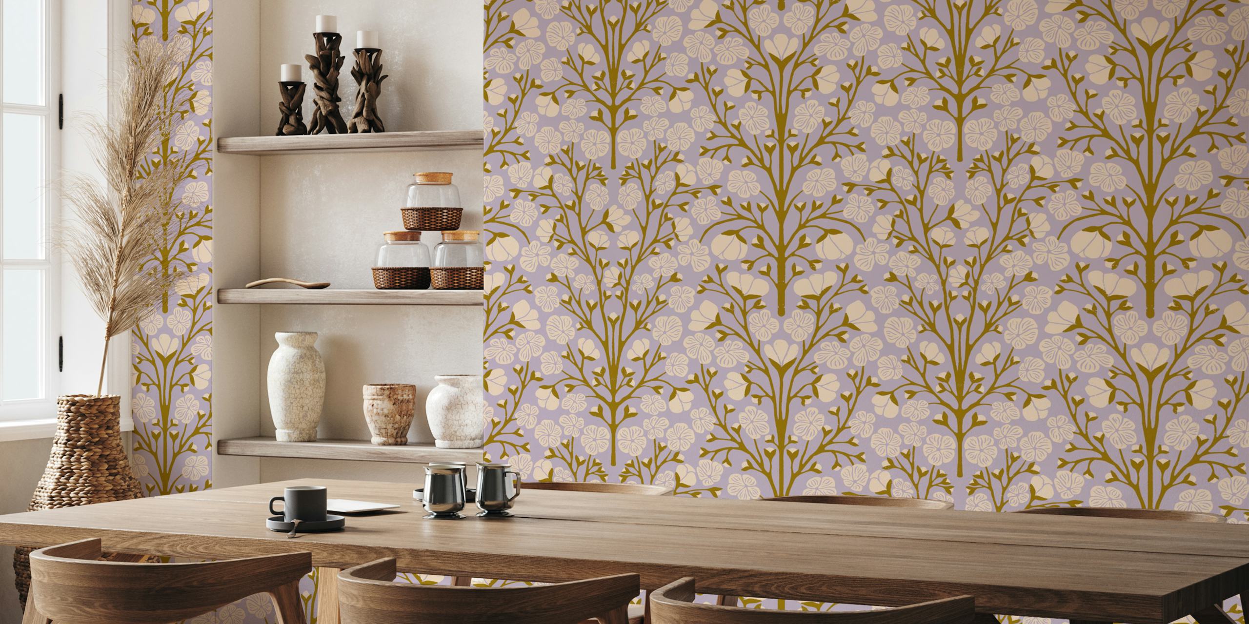 Floral pattern in cream and mustard on a lavender background wallpaper