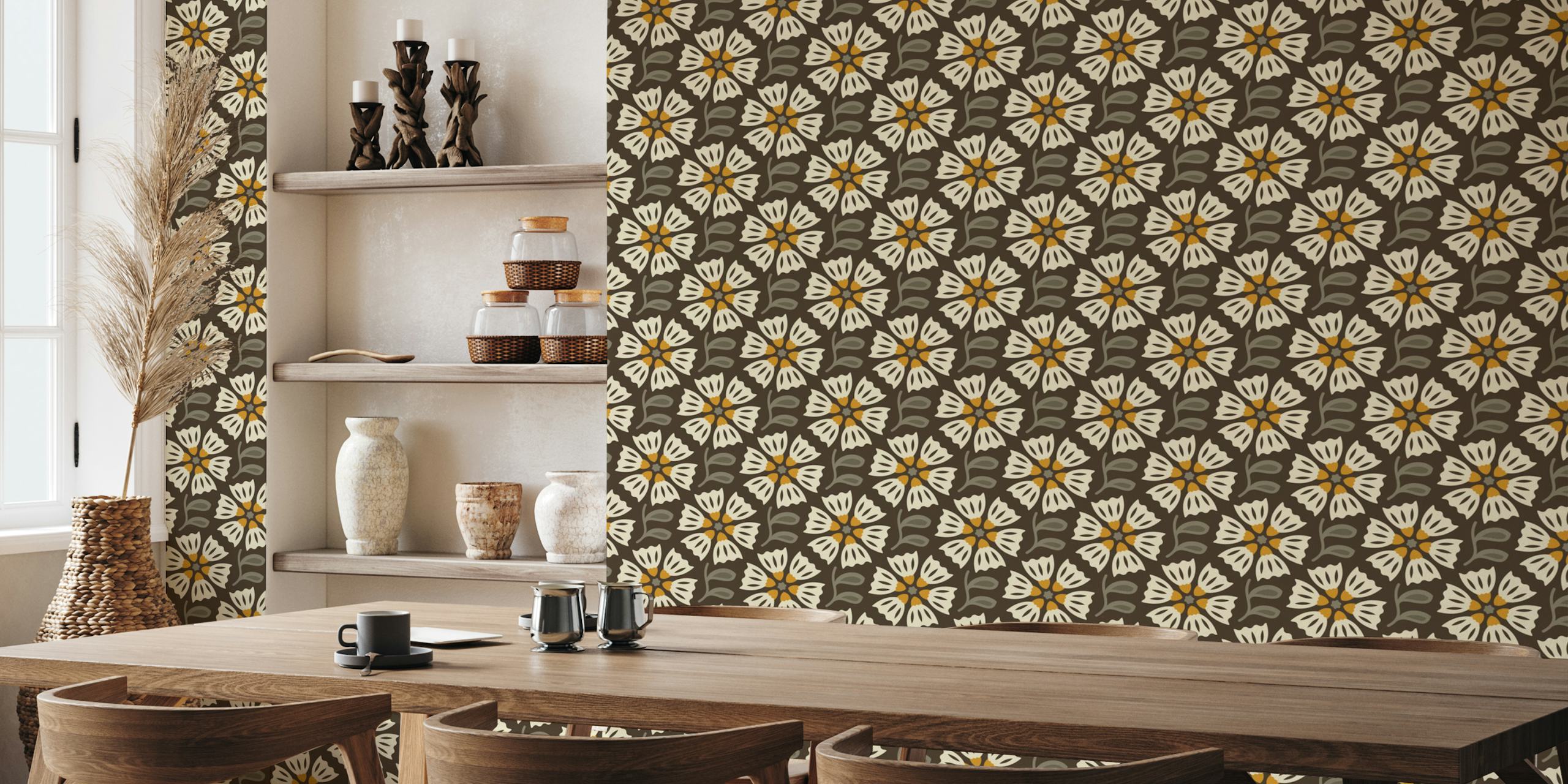 Brown and yellow floral pattern wallpaper featuring retro design details.